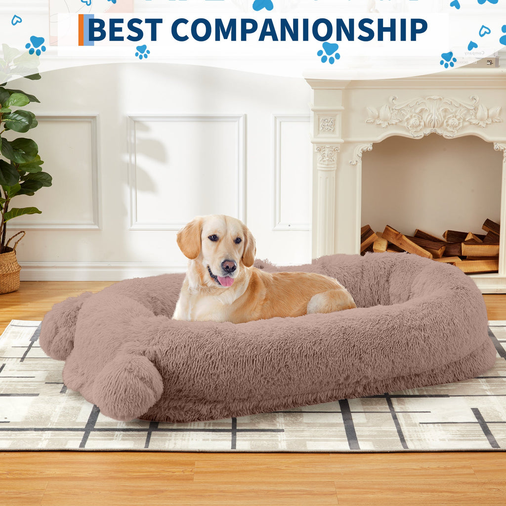 Garvee Human Dog Bed, 71 in x45 in x12 in Large Dog Bed with Blanket, Storage Pockets, Portable Handle, Removable Cover, Human Size Pet Bed for Adult, Khaki