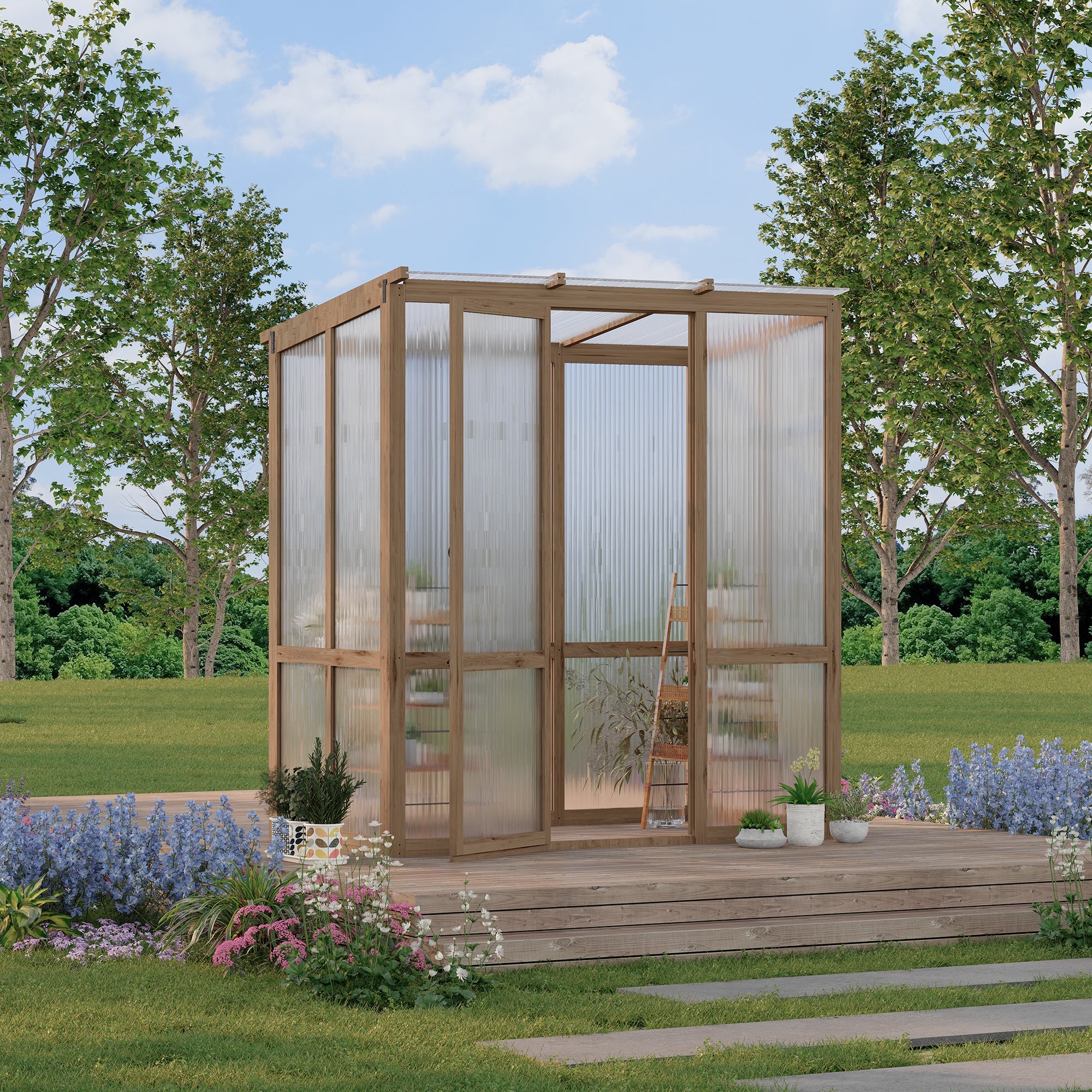 Garvee 4x6FT Wooden Greenhouse with Cedar Frame, Outdoor Wood Greenhouses with Roof Vent, Wood and Polycarbonate Walk-in Greenhouse