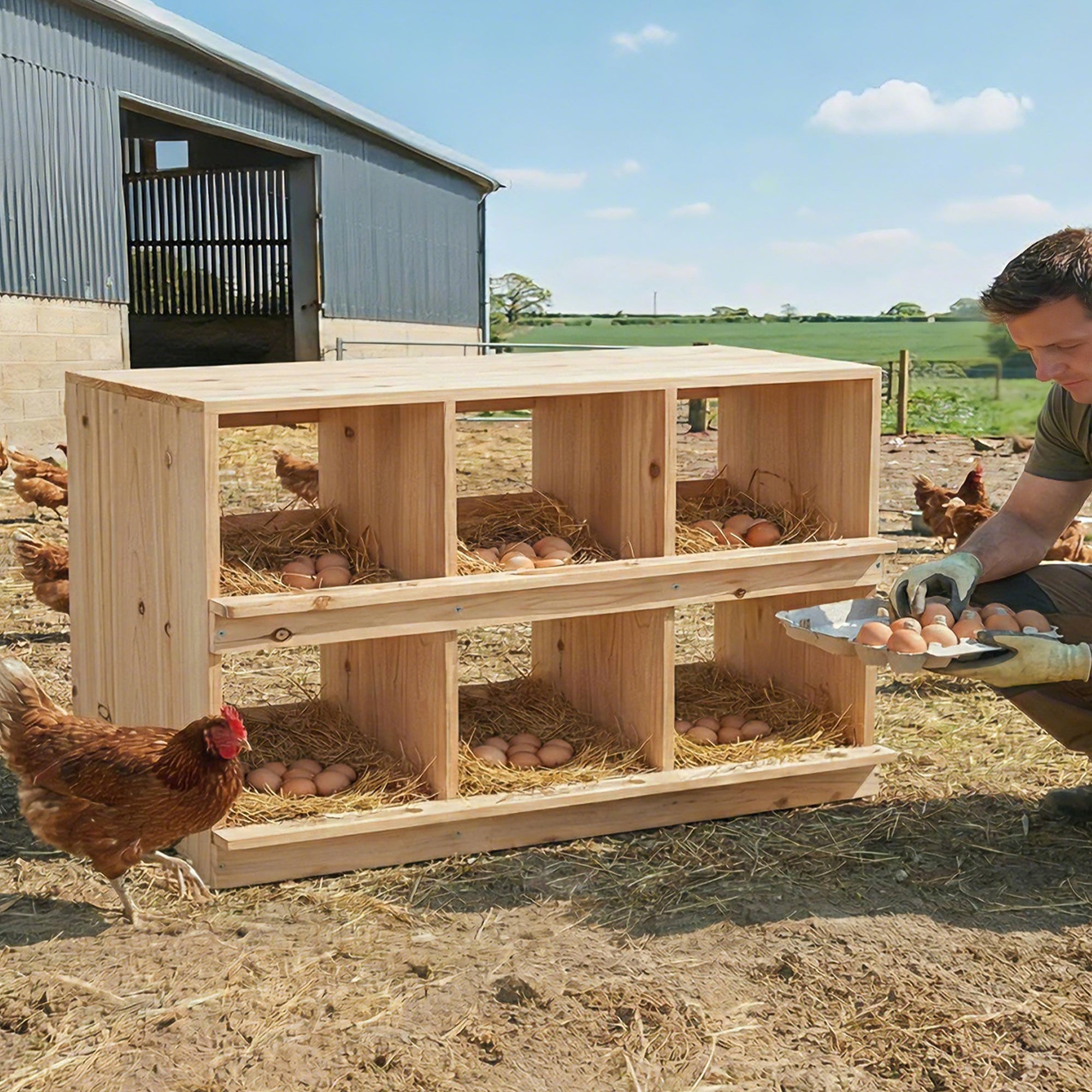 Garvee Double-Tier Wooden Chicken Nesting Box – Wall-Mounted or Floor-Standing, Six Compartments, Roll-Away Egg Collection, Perch, Sun-Resistant for Backyard Poultry Coops and Farms, 6-Compartment Double Layer