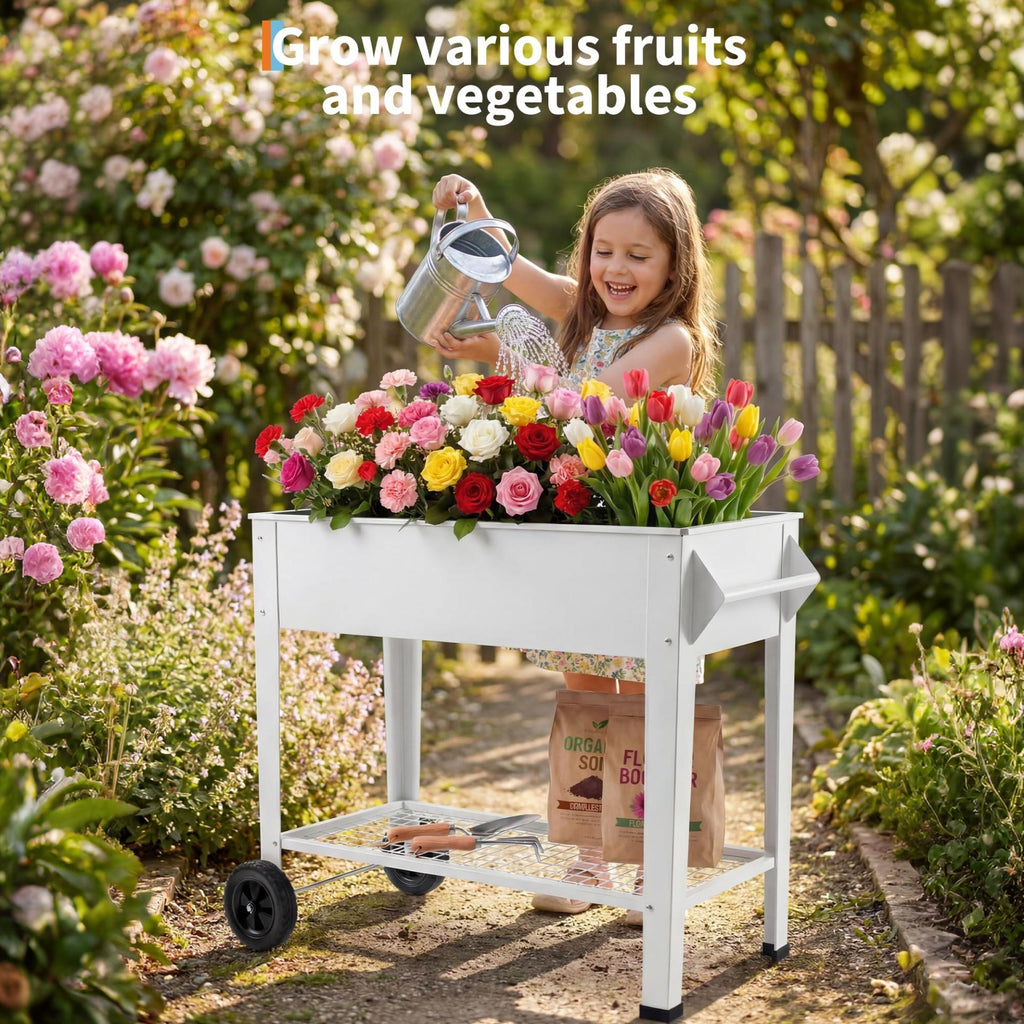 Garvee 40" x 32" x 15.3" Raised Garden Bed with Wheels & Storage Shelf, 400 lb Capacity Anti-Rust Steel Elevated Planter Box with Drainage Holes for Vegetables, Herbs, Flowers, Patio, Balcony & Backyard