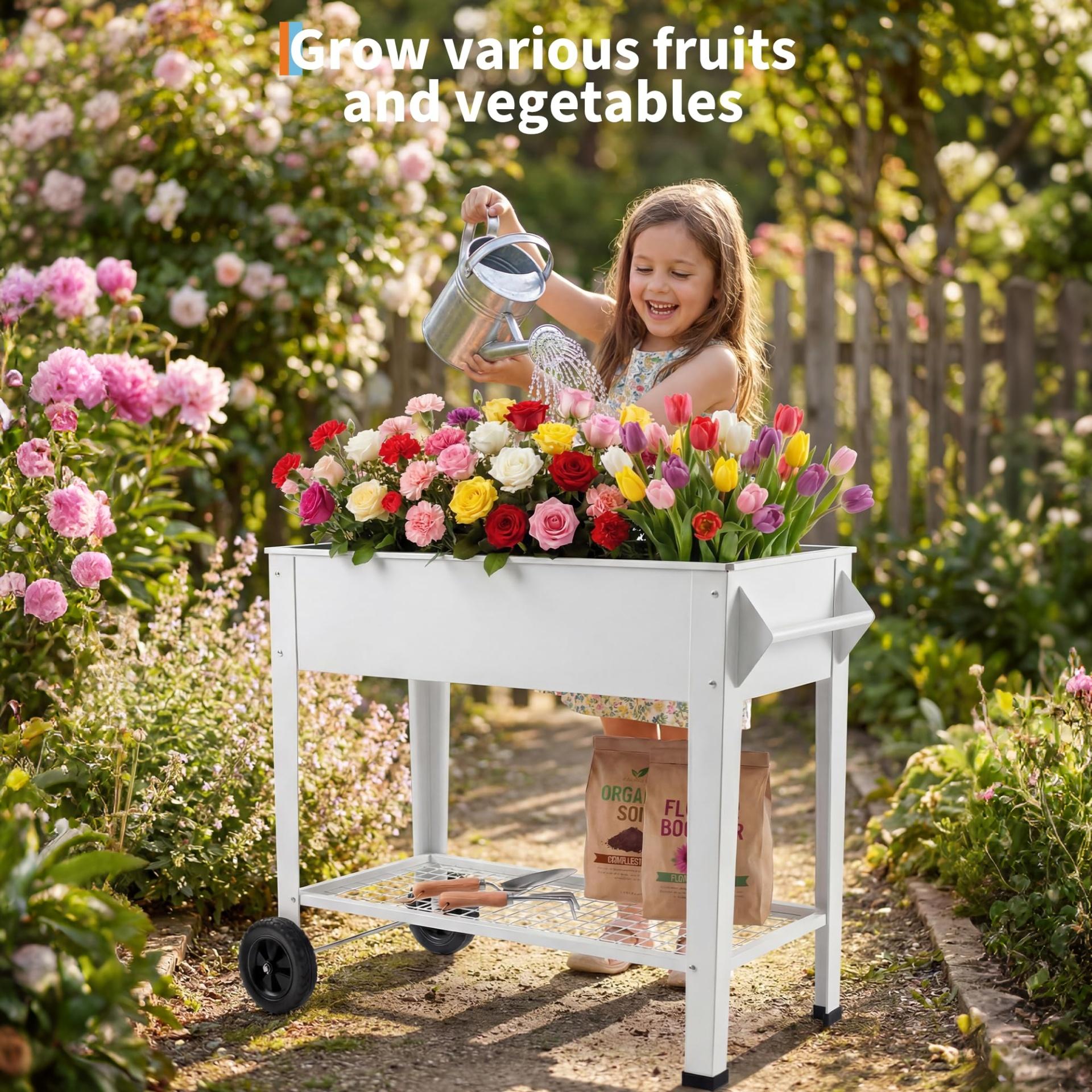 Garvee 40" x 32" x 15.3" Raised Garden Bed with Wheels & Storage Shelf, 400 lb Capacity Anti-Rust Steel Elevated Planter Box with Drainage Holes for Vegetables, Herbs, Flowers, Patio, Balcony & Backyard