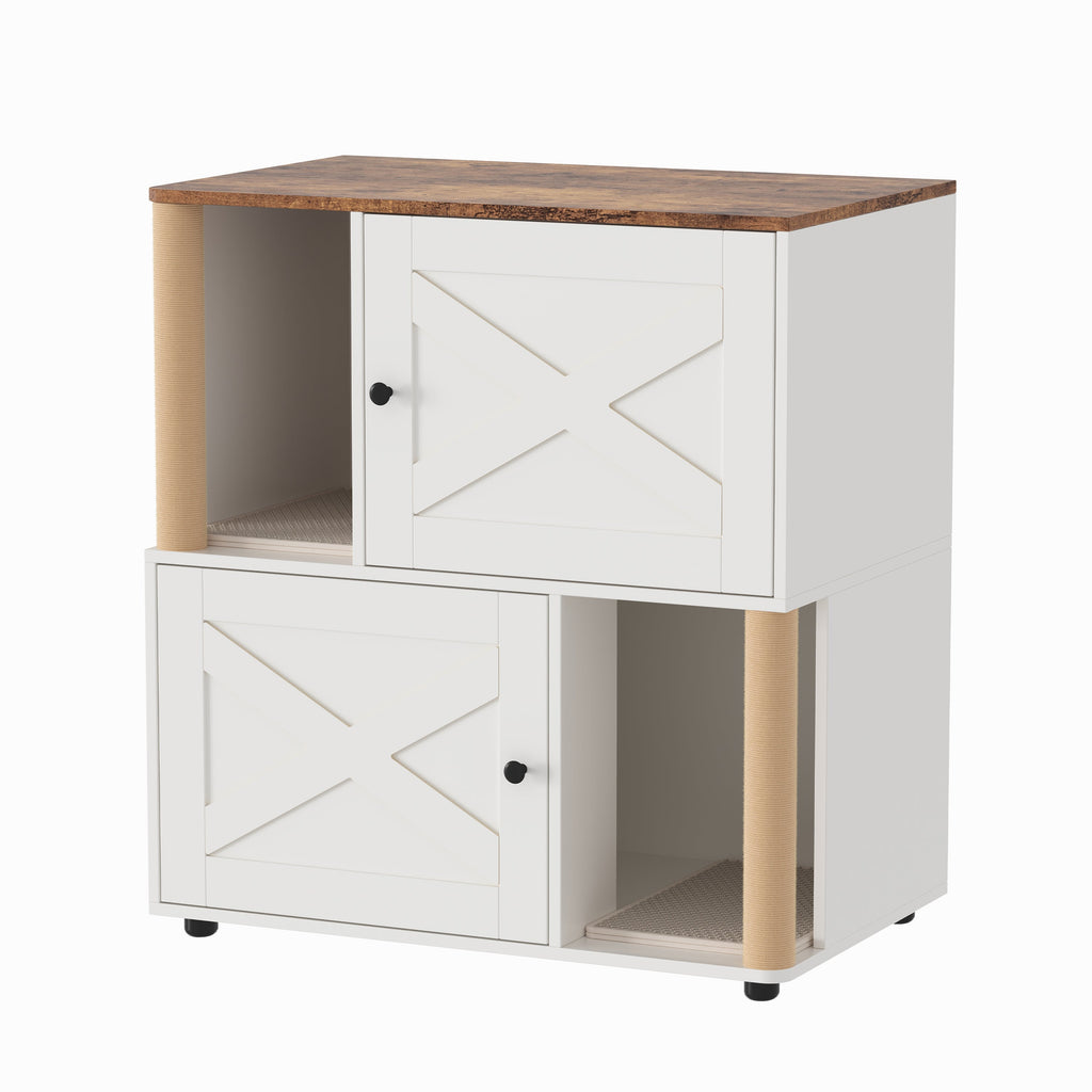 Garvee Double Cat Litter Box Enclosure Furniture – 2-Tier Hidden Litter Cabinet with Marking Post, Odor Control, Dual Mats, Dog-Proof, Multi-Cat Condo, End Table – X-Door White