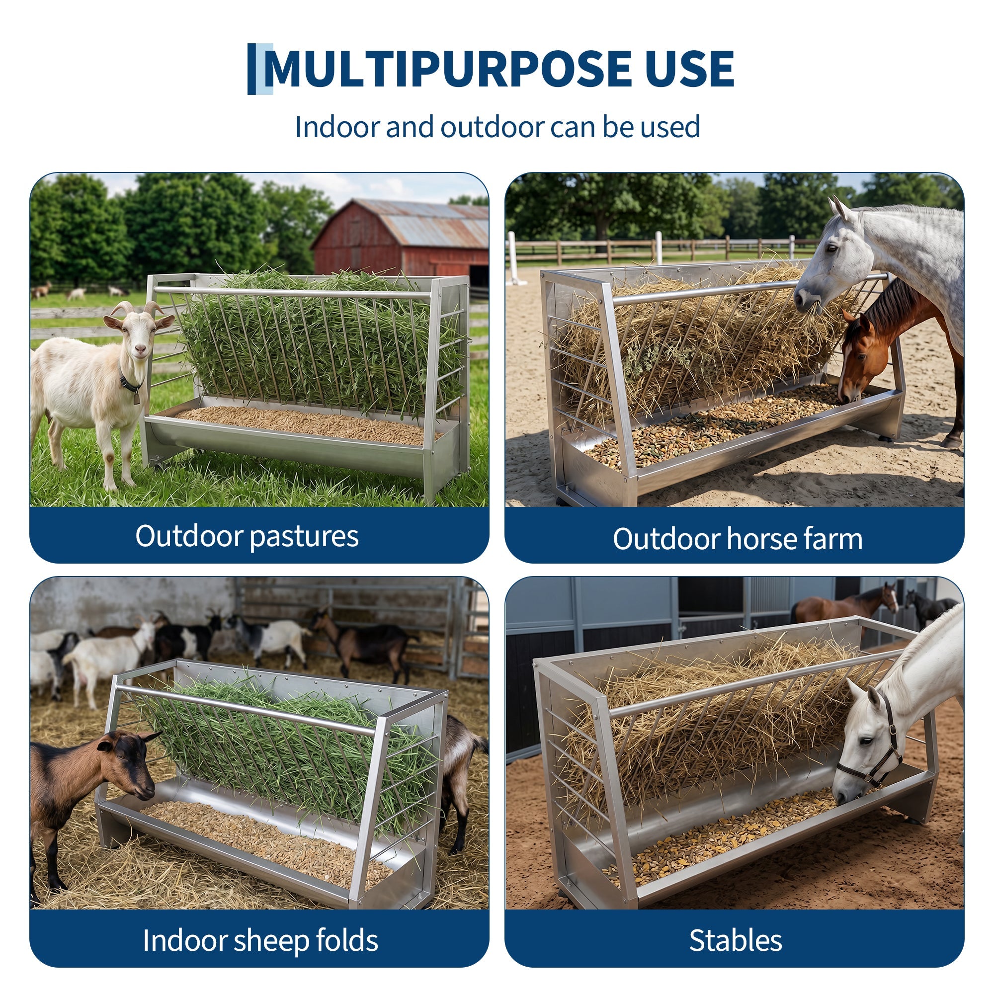 Garvee 5 ft Pasture Hay Feeder - Heavy Duty Galvanized Steel 2-in-1 Freestanding Livestock Hay & Grain Feeder, 60 Gallon Large Capacity for Goats, Sheep, Ponies & Alpacas (Silver)