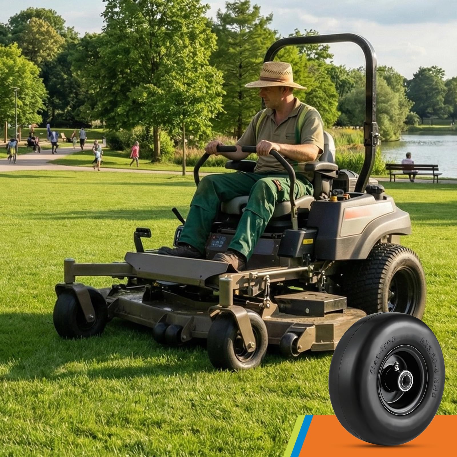 Garvee 2 Pack 9x3.50-4 Flat Free Lawn Mower Tire with PU Foam, Steel Rim, 3/4" 5/8" Bushings, Durable, Zero Maintenance for Push Mower