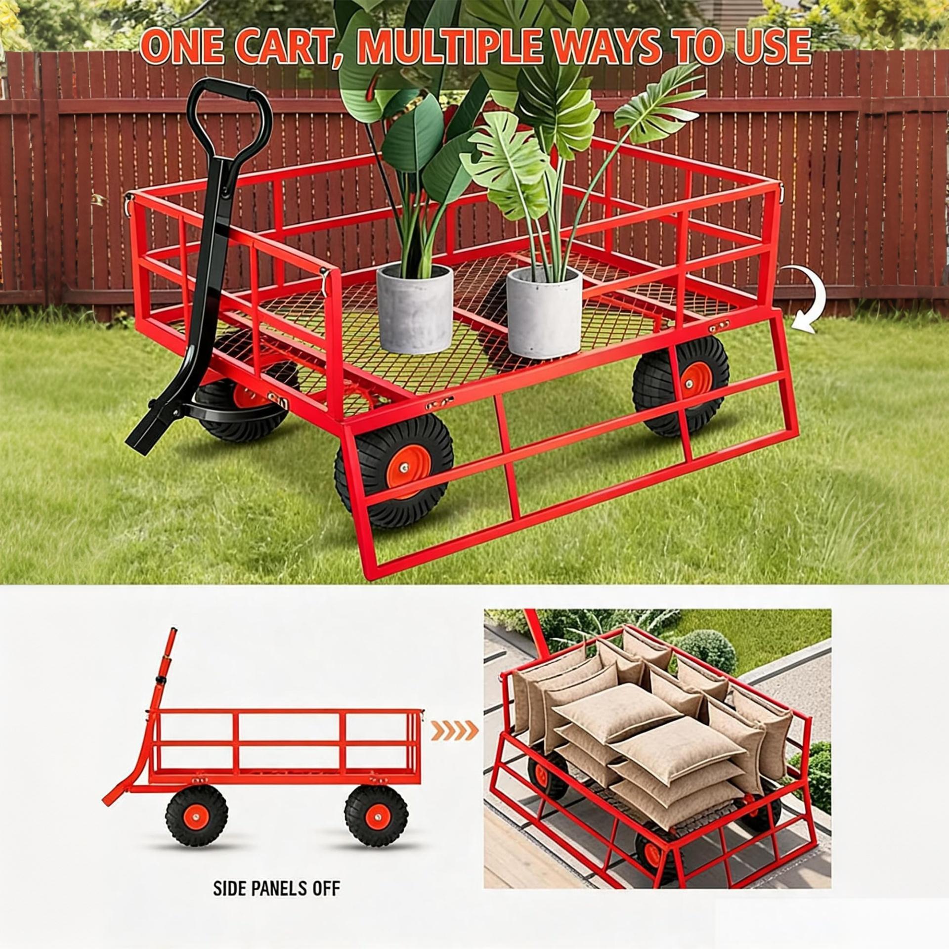 Garvee Steel Garden Cart for Lawn and Farm Use, 1200 lbs Capacity with 13-Inch Tires, Removable Sides and 2-in-1 Handle, Red