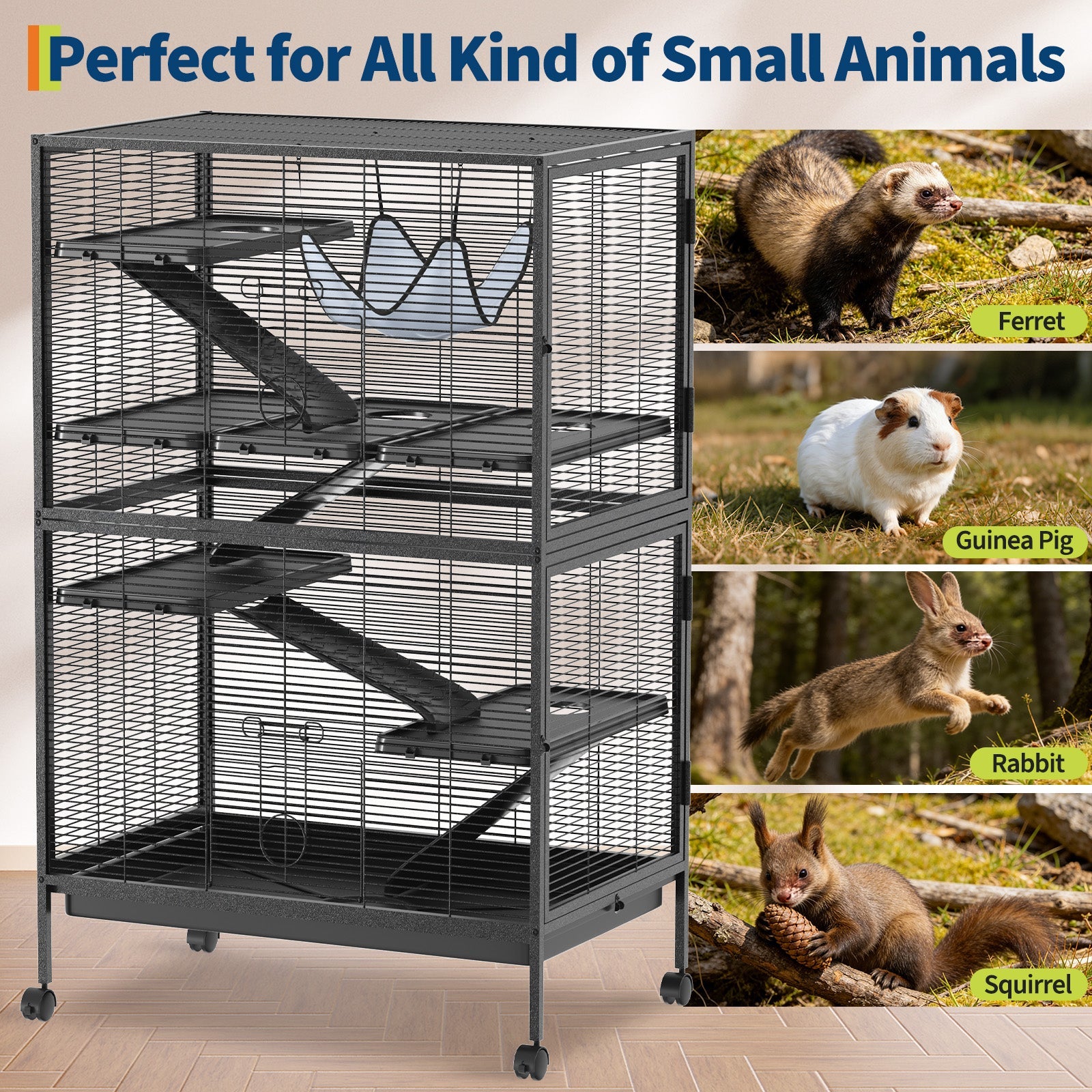 Garvee 50"H Ferret Cage, Multi-Level Small Animal Cage on Wheels, 6 Removable Platforms & Hammock, 5 Ramps & Hammock, Ideal for Guinea Pigs, Rabbit, Sugar Glider & Small Animals