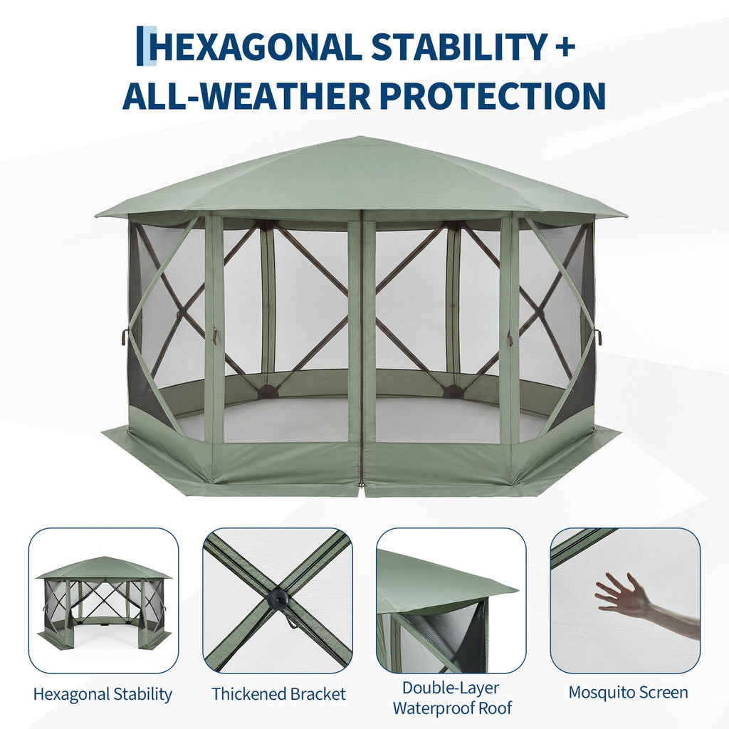 Garvee Screen Gazebo Tent, 13 x 13 FT 6-Sided Canopy for 8-10 People with 7.5 FT Height, Removable Wind Cloth and Carry Bag for Camping, Green and Light Gray