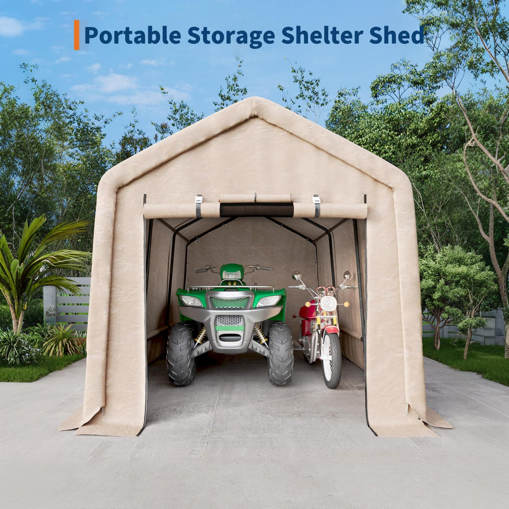 Garvee Portable Storage Shed for Motorcycles and Garden Tools, 10 × 15 FT with 240G Waterproof PE Tarp, Roll-Up Door and Vent, Khaki