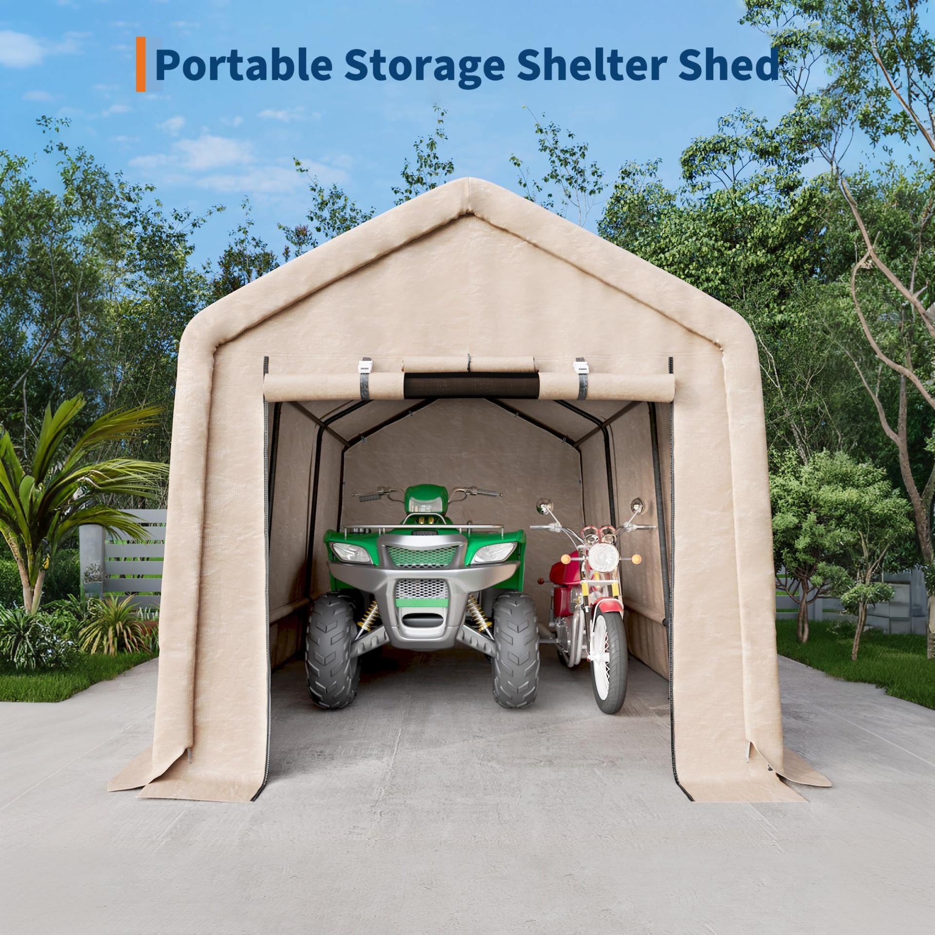 Garvee Portable Storage Shed for Motorcycles and Garden Tools, 10 × 15 FT with 240G Waterproof PE Tarp, Roll-Up Door and Vent, Khaki