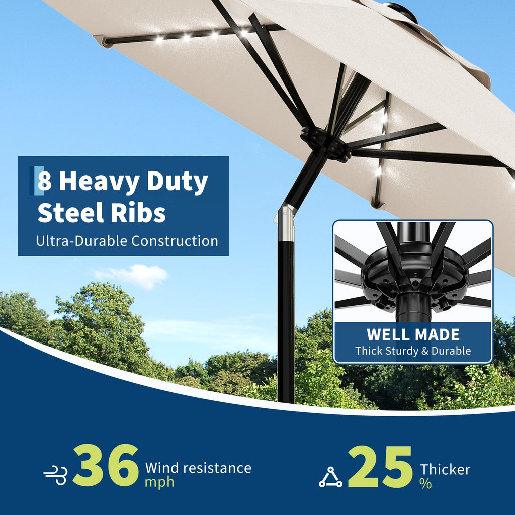 Garvee 9FT Solar LED Patio Umbrella with 32 Lights, Tilt & Crank Outdoor Market Umbrella, UV & Water Resistant, 8 Ribs Sunshade for Garden, Deck, Pool & Table, Beige
