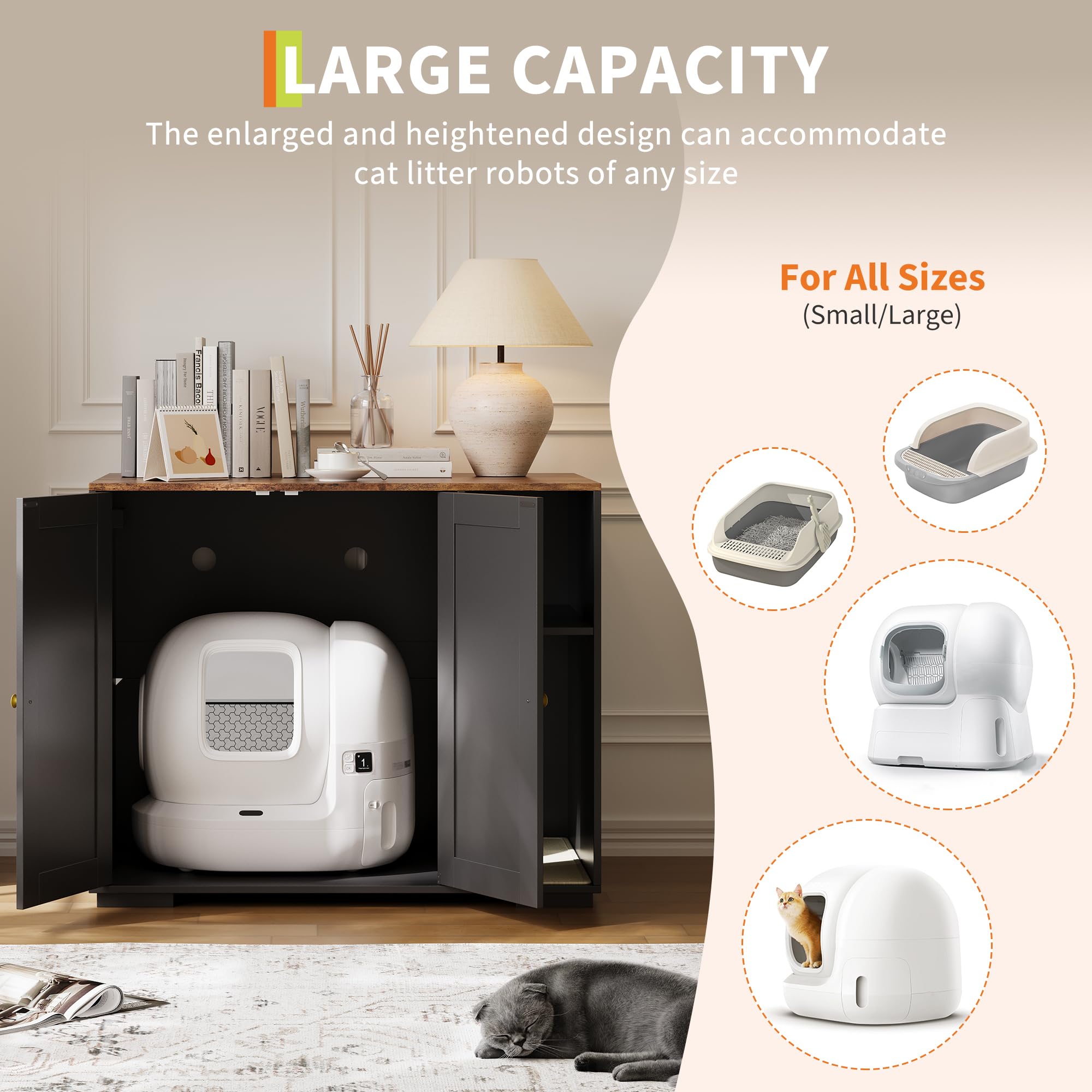 Garvee Extra Large Cat Litter Box Enclosure with Scratch Pad, Automatic Cleaning, Dog-Proof, Wood, Power Outlet, Spacious Storage, Home Use