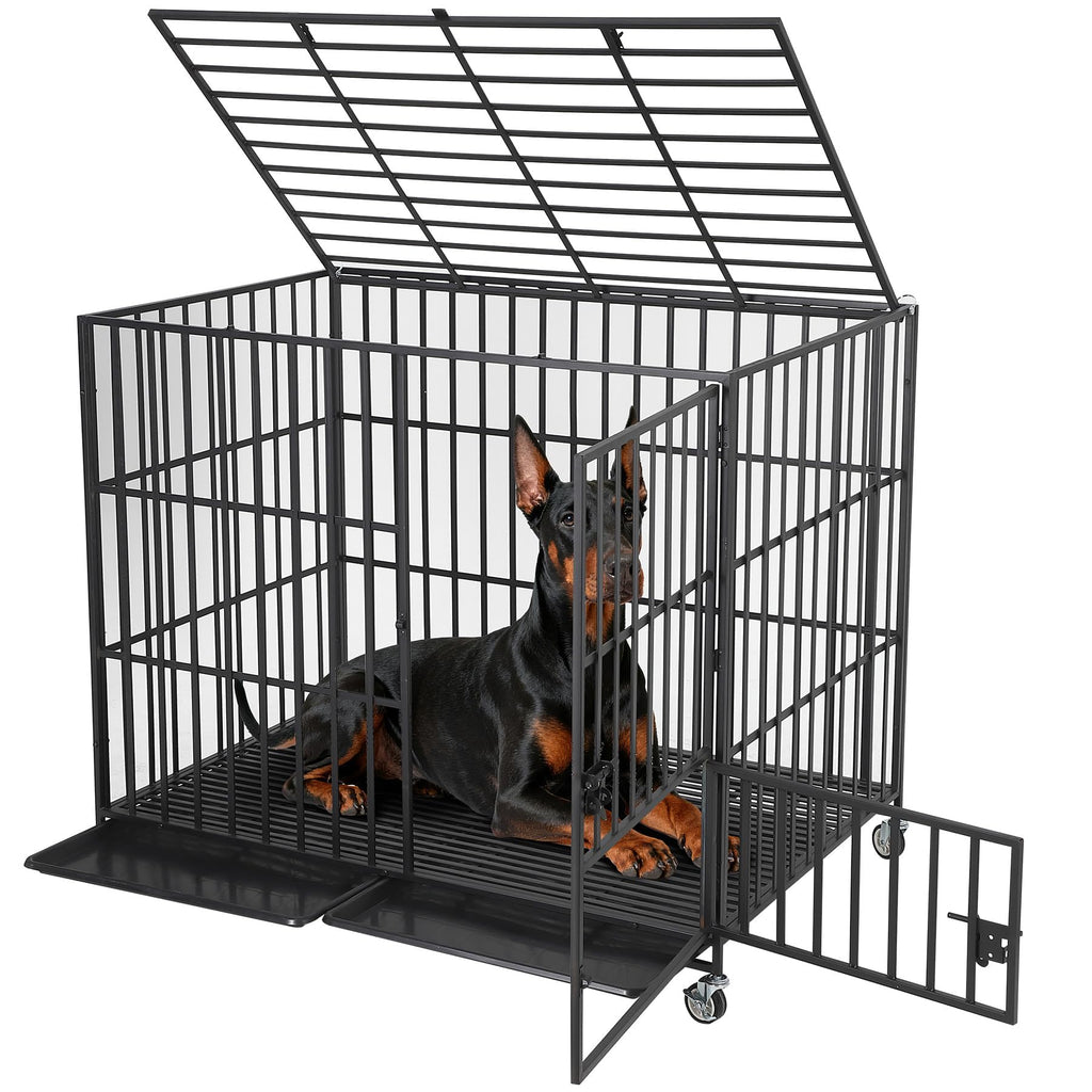 Garvee 54 Inch Heavy Duty Dog Crate, Metal Escape Proof Dog Kennel Indoor with 3 Doors, Removable Tray, Extra Large Dog Cage with Wheels for Large and Medium Dogs, Black