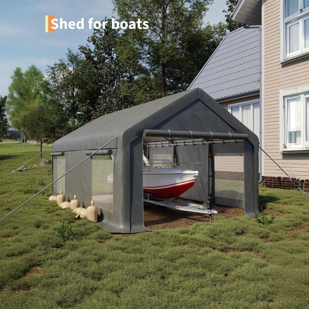 Garvee 12x20 ft Portable Garage Carport, 200 g PE Canopy Shelter with 2 Roll-Up Doors & 4 Windows, Heavy-Duty Metal Frame Storage Tent for Cars, Boats, Pickups & Outdoor Events, Gray