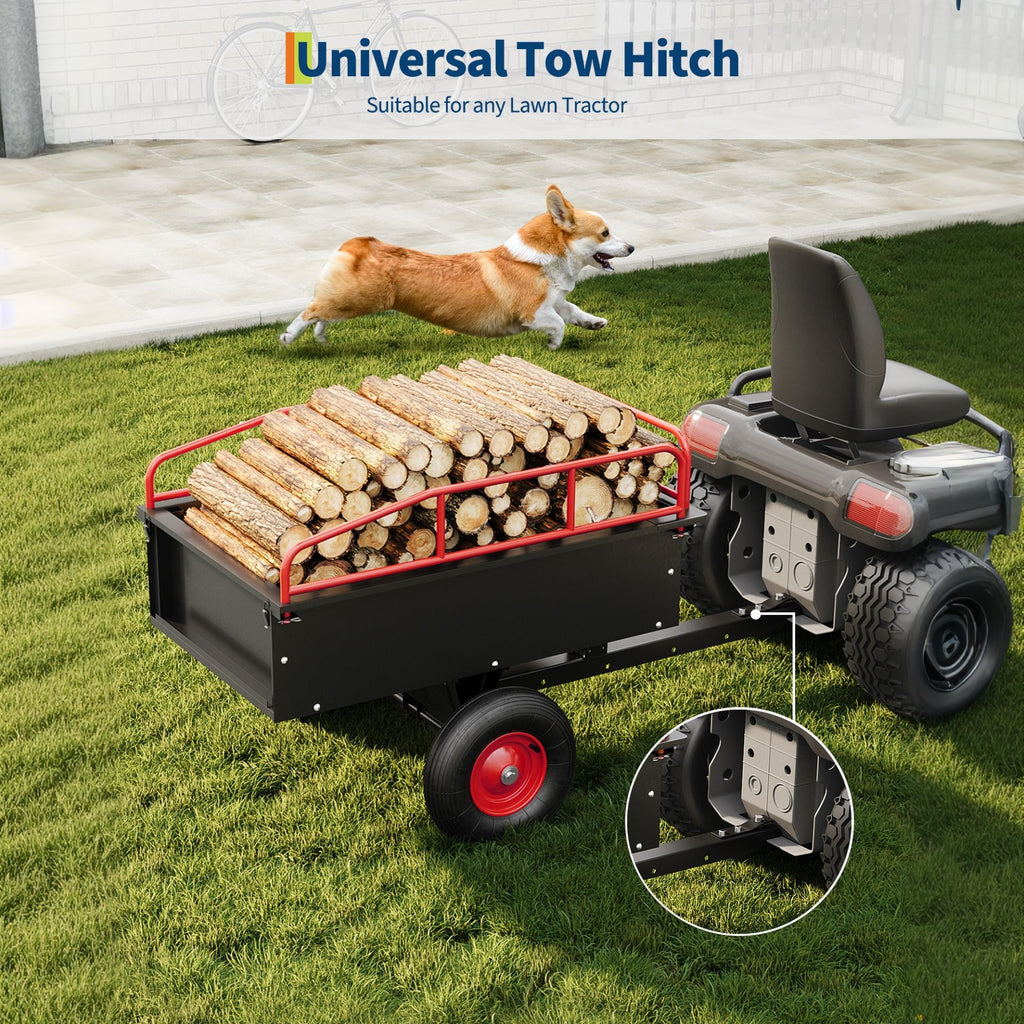 Garvee 750 LB Tow-Behind Steel Dump Cart, 15 Cu. Ft. Garden Wagon with 42.9 x 29.5 in Bed, Removable Rails & 15.35 in Tires, Black/Red