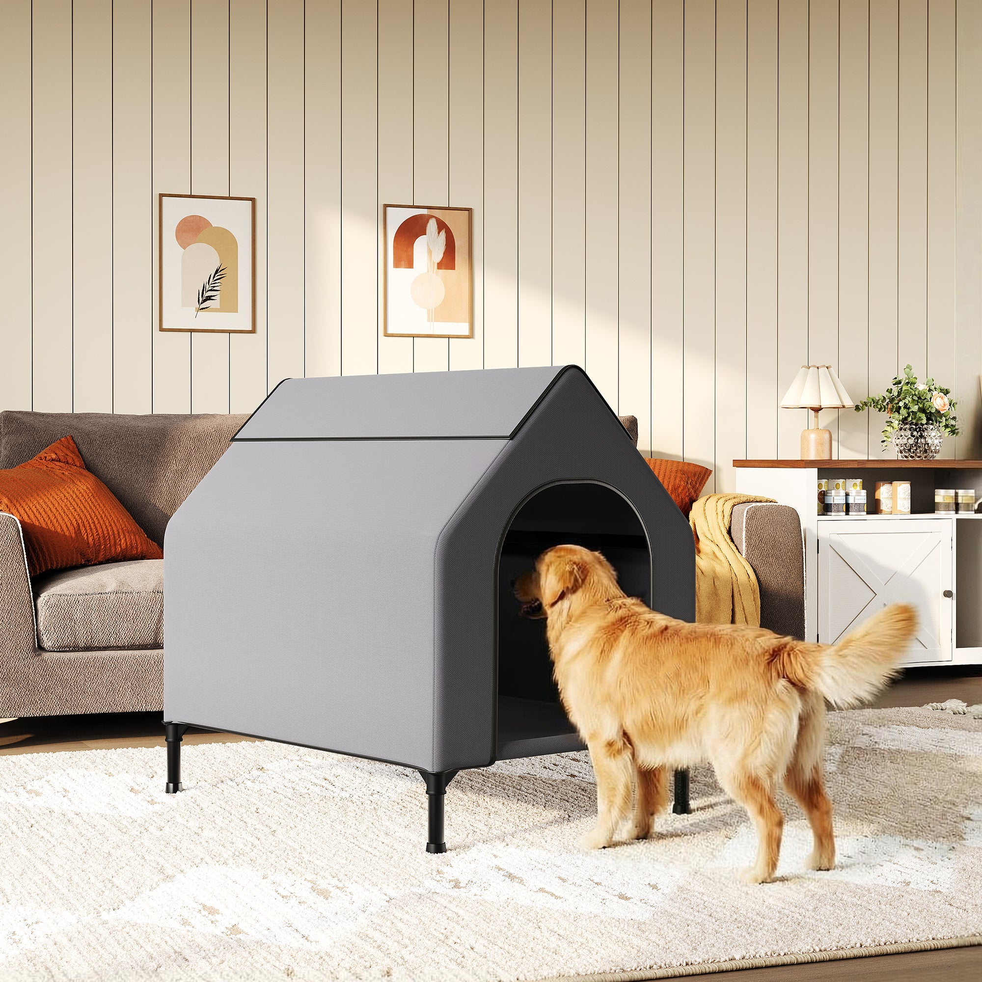 Garvee Dog House Outdoor Weatherproof 600D Oxford Canopy, 2 Top Windows, Breathable Mesh Fabric Bed, Dog Tents Shelter Kennel, Medium Dog House for Outdoor Indoor, Gray