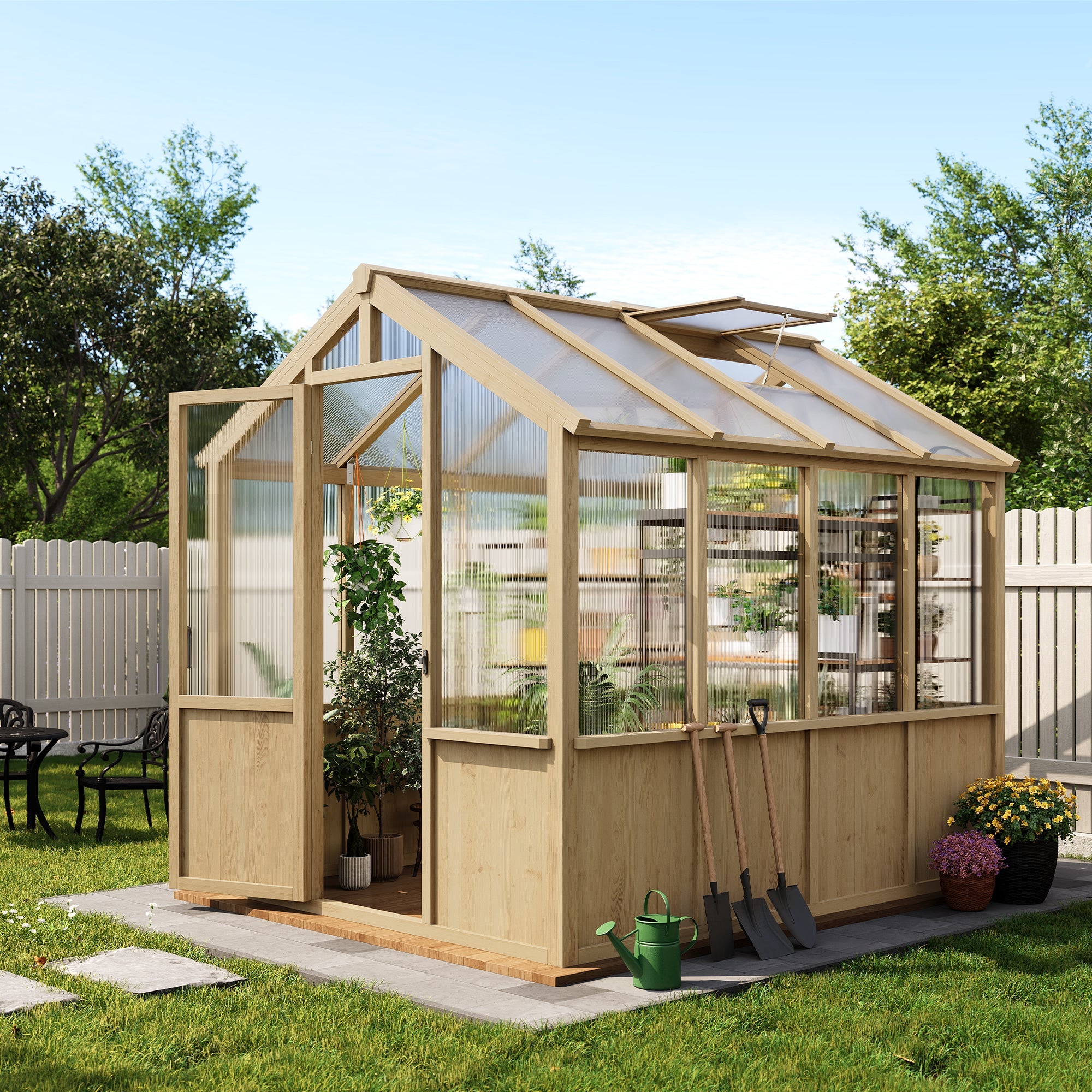 Garvee 6x8 FT Walk-In Wooden Greenhouse for Outdoors – Heavy Duty Spruce Frame, PC Panels, Adjustable Roof Vents, Lockable Door – Large Outdoor Storage for Garden, Patio, Lawn – 6x8 Natural Wood Color