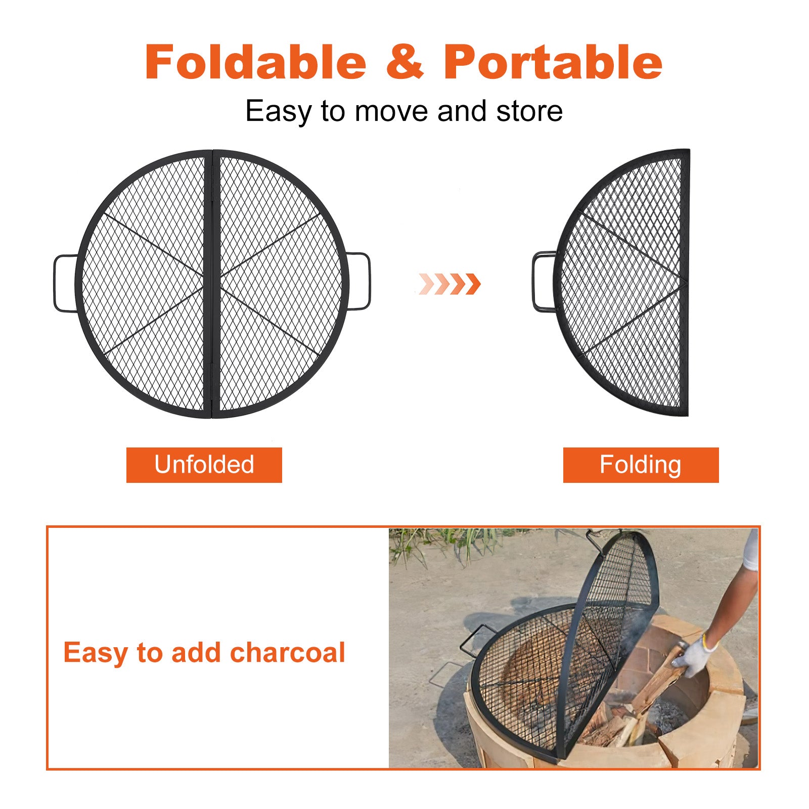 Garvee 30.5-inch Round Foldable Fire Pit Grate, 44lbs Load Capacity Heavy Duty Carbon Steel Grill Grate with Handles, 1112°F Heat Resistant Cooking Mesh for Outdoor Camping, Black