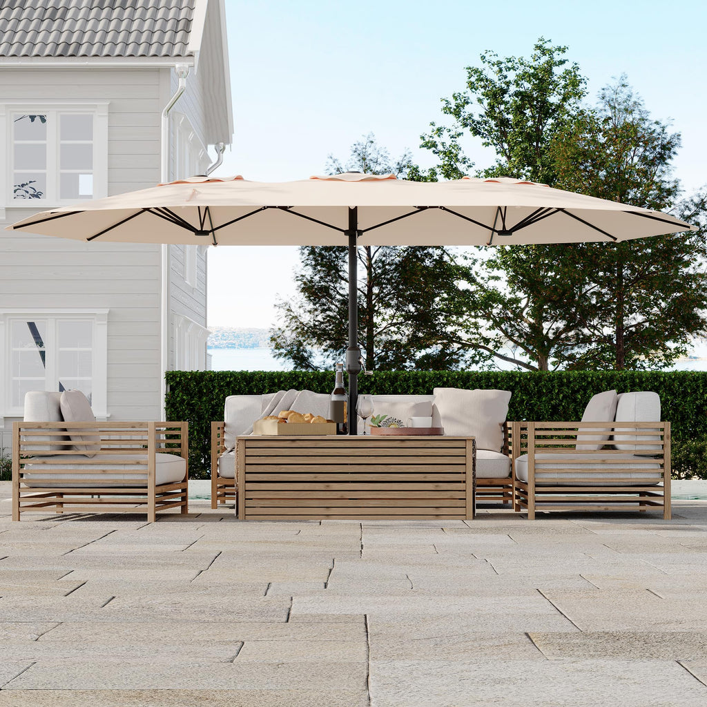 Garvee 15' Double-Sided Rectangular Patio Umbrella with Base, Large Outdoor Pool Umbrella, Khaki