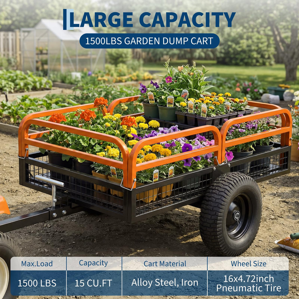 Garvee Orange Dump Cart, 1500 lbs 15 Cu Ft Heavy Duty Steel Garden Utility Trailer with Removable Sides, Quick Release & Pneumatic Tires for Lawn Mower, ATV, UTV, Tractor