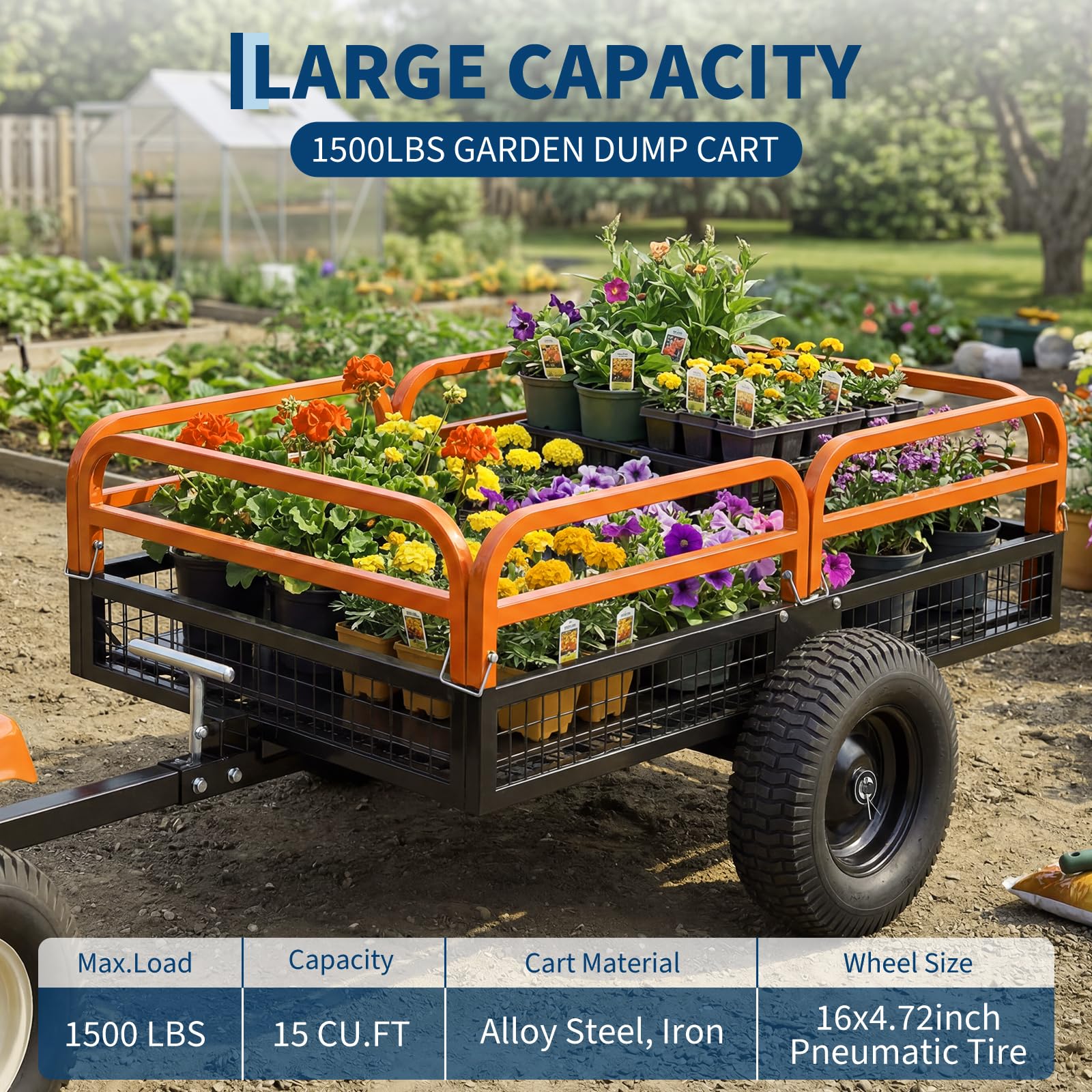 Garvee Orange Dump Cart, 1500 lbs 15 Cu Ft Heavy Duty Steel Garden Utility Trailer with Removable Sides, Quick Release & Pneumatic Tires for Lawn Mower, ATV, UTV, Tractor