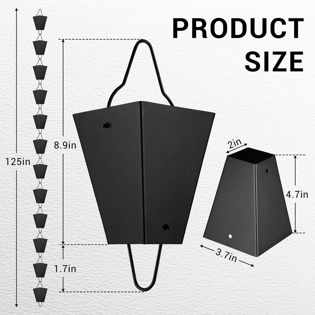 Garvee 10.5 ft Square Cup Rain Chain, Decorative Matte Black Metal Gutter Downspout Replacement with Hanging Hook for Garden, Patio and Home Exterior