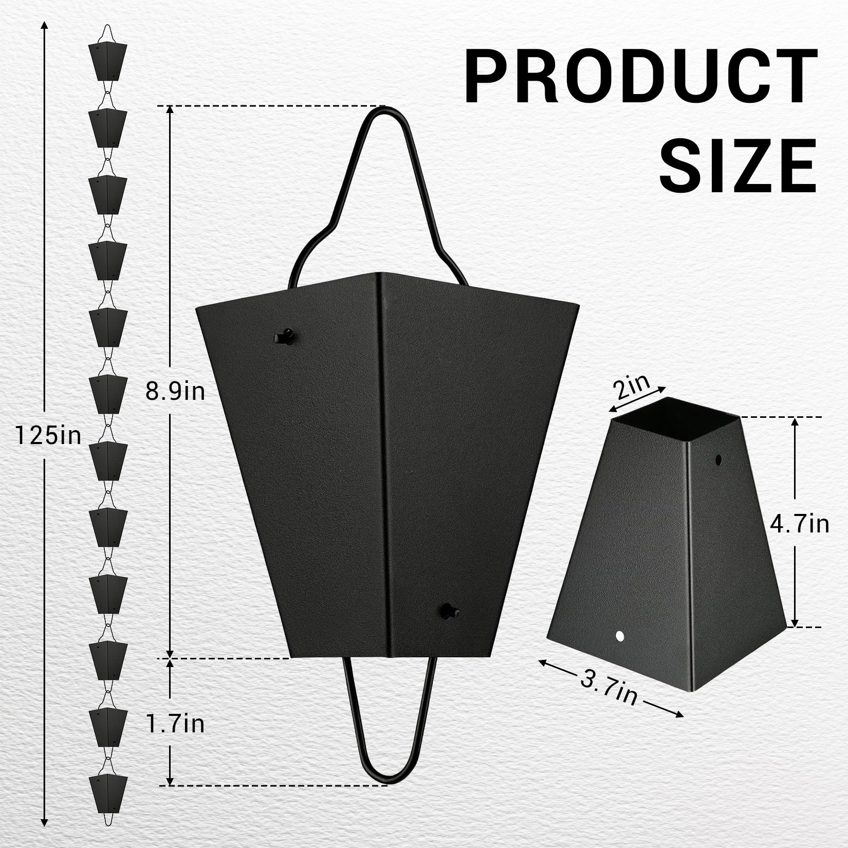 Garvee 10.5 ft Square Cup Rain Chain, Decorative Matte Black Metal Gutter Downspout Replacement with Hanging Hook for Garden, Patio and Home Exterior