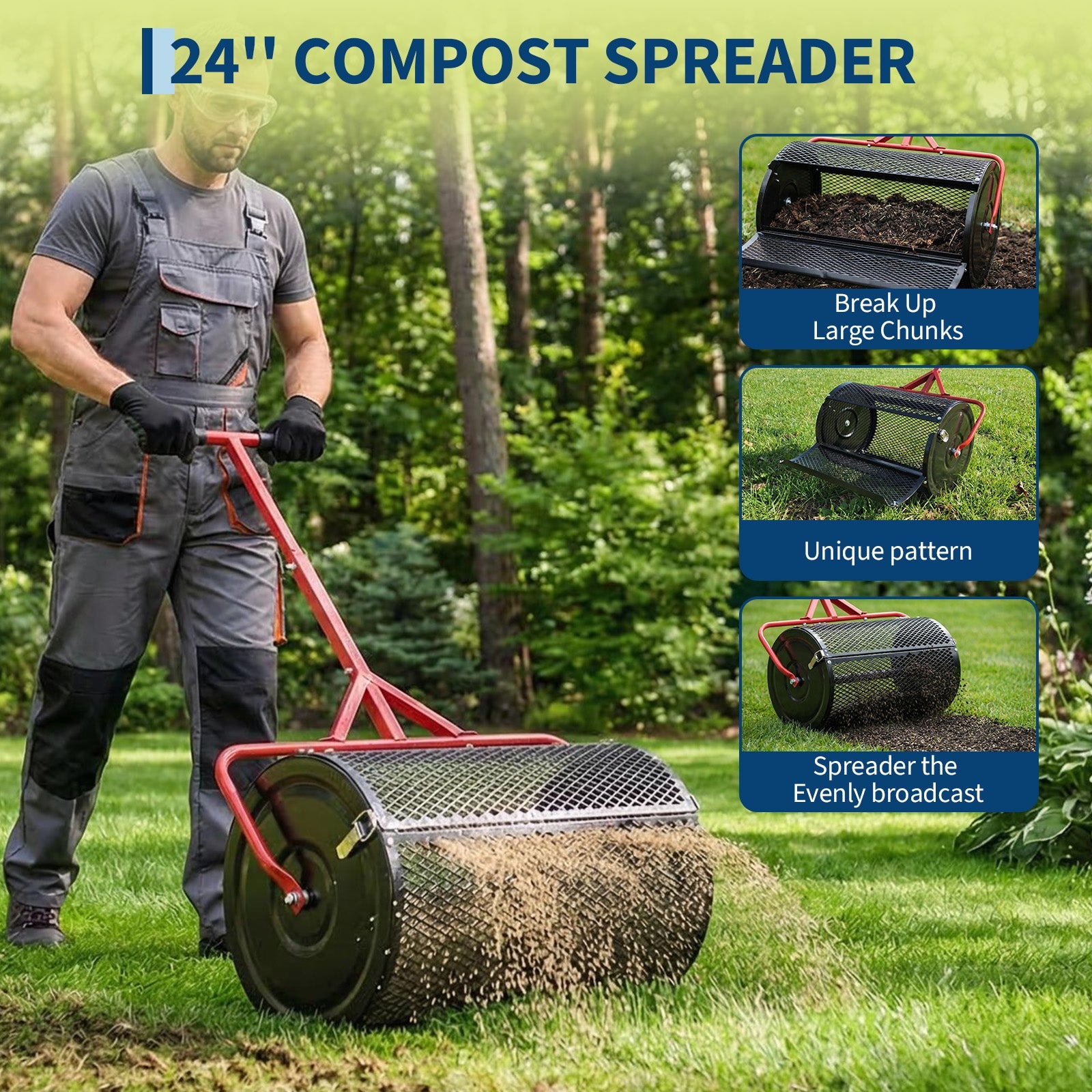 Garvee Efficient Compost and Peat Moss Spreader – 24 Inch Lawn & Garden Seeder Roller with Adjustable T-Shaped Handle, Side Latches, Powder-Coated Metal – Spreads Grass Seed, Topsoil, Fertilizer, Manure – Handle in Red