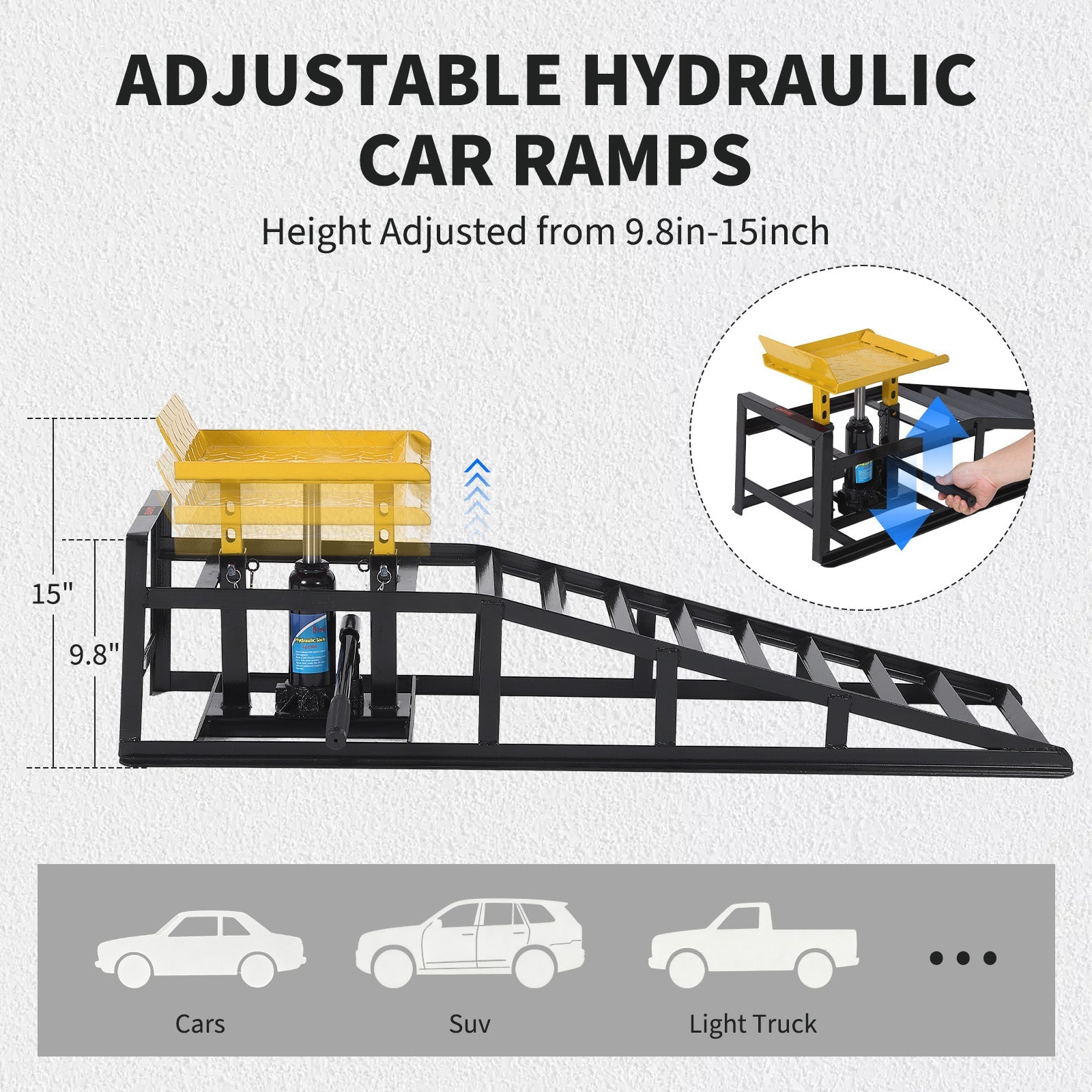 Garvee Heavy Duty Hydraulic Car Ramps 2-Pack – 11,000 lbs Capacity – Adjustable Low Profile Lift 11.6"-16.2" – Steel Construction – Non-Slip Surface – For Oil Changes, Brakes, Garage Repair – Black Shelf + Yellow Tablet