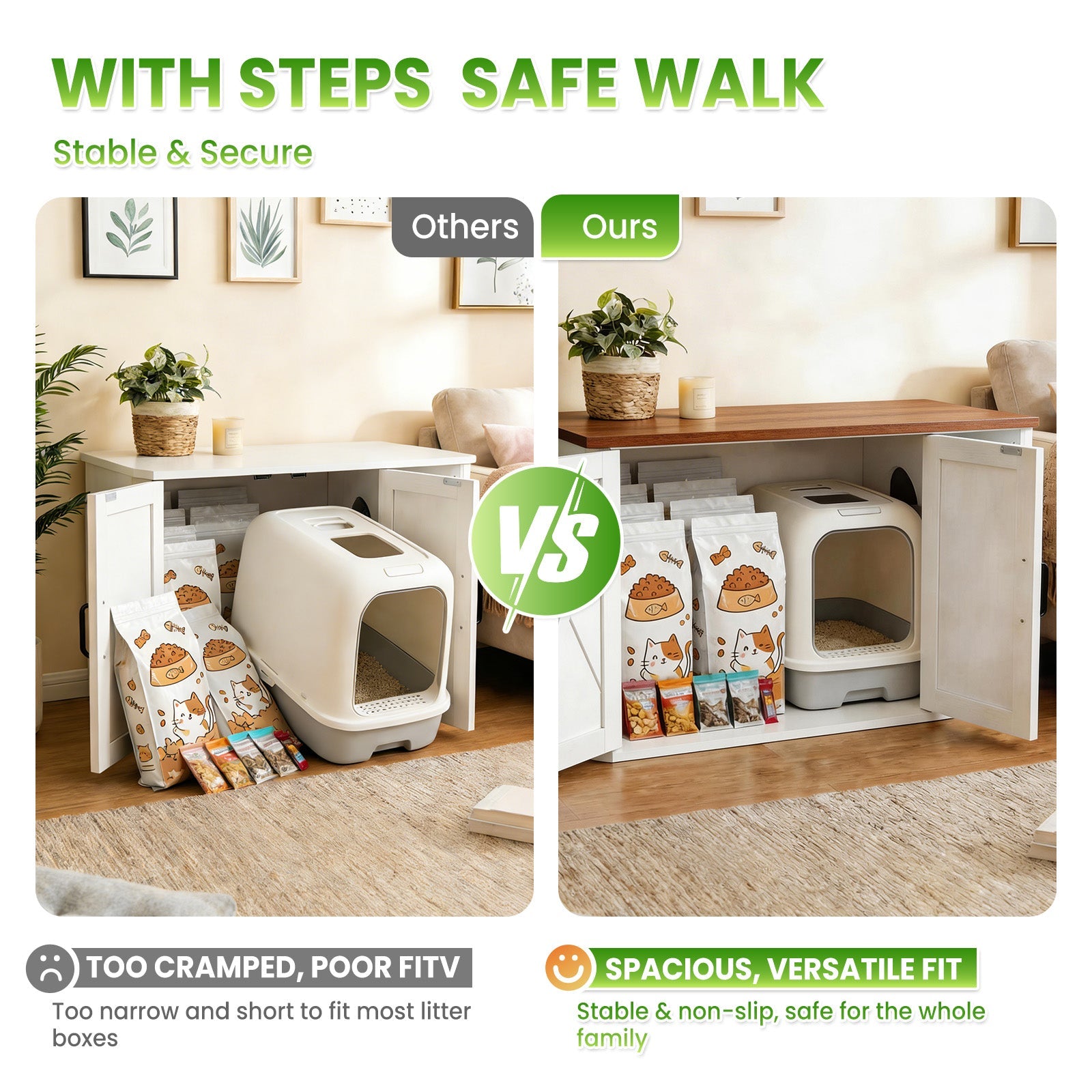 Garvee Modern Wooden Cat Litter Box Furniture – Double-Door Hidden Washroom Cabinet with Side Entry – Easy to Clean, Odor Control – Spacious Cat House End Table – Yunxi White Brown