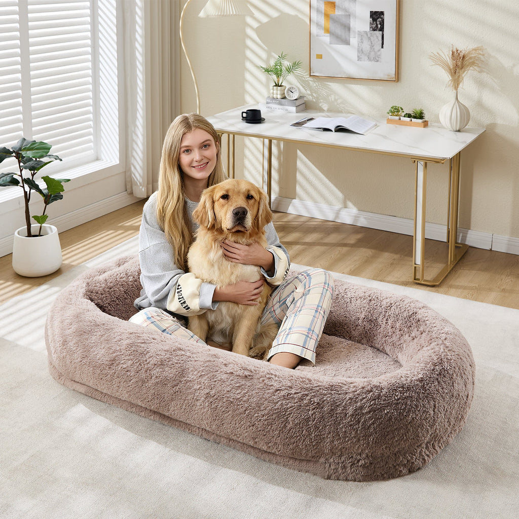 Garvee Orthopedic Soft Faux Fur Human Dog Bed for Adults & Pets – Large 67"x43"x8" Lounger, Removable Pillow, Side Pocket, Handle, Washable Cover, No Assembly, Bean Bag Style, Light Brown