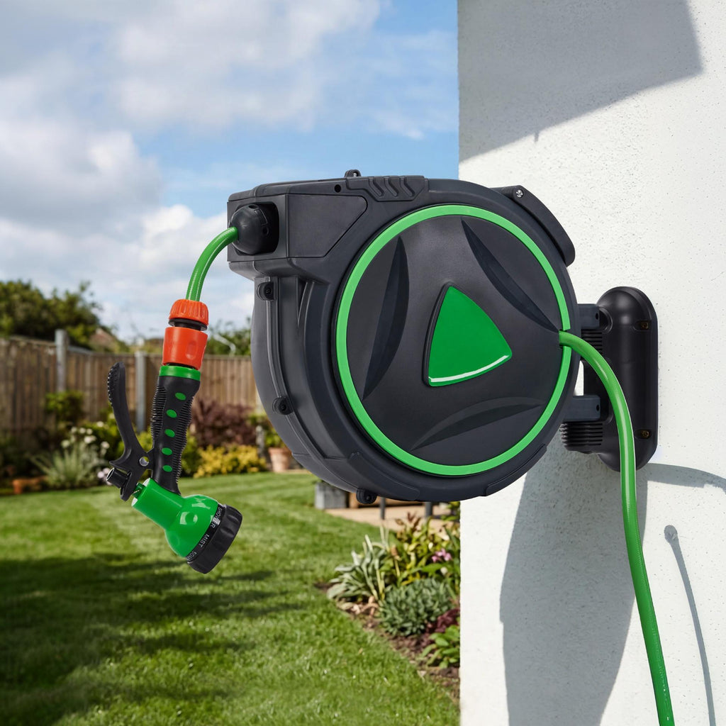 Garvee 1/2" x 65 FT Retractable Garden Hose Reel, Wall-Mounted Auto Rewind Water Hose Reel with Any-Length Lock & 180° Swivel Bracket