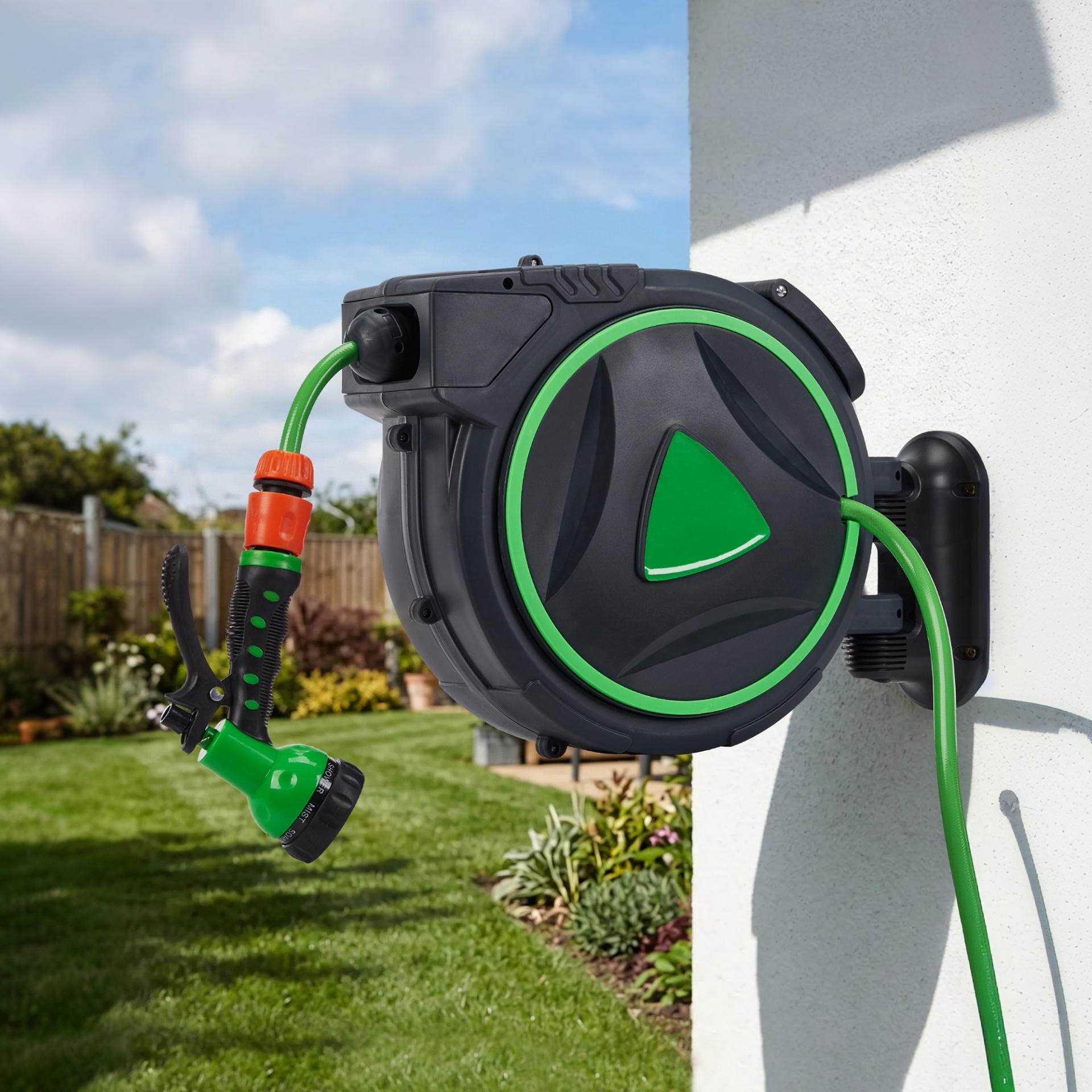 Garvee 1/2" x 65 FT Retractable Garden Hose Reel, Wall-Mounted Auto Rewind Water Hose Reel with Any-Length Lock & 180° Swivel Bracket