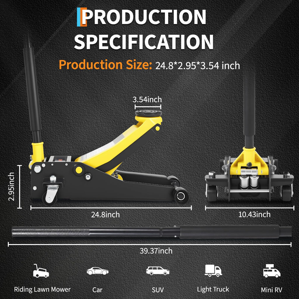 Garvee 3 Ton (6000lbs) Hydraulic Floor Jack - Low Profile Dual Piston Quick Lift - Heavy Duty Steel, Trolley Design - 2.95-15.35 in Lifting Range - For Car, SUV, Truck - Yellow + Black
