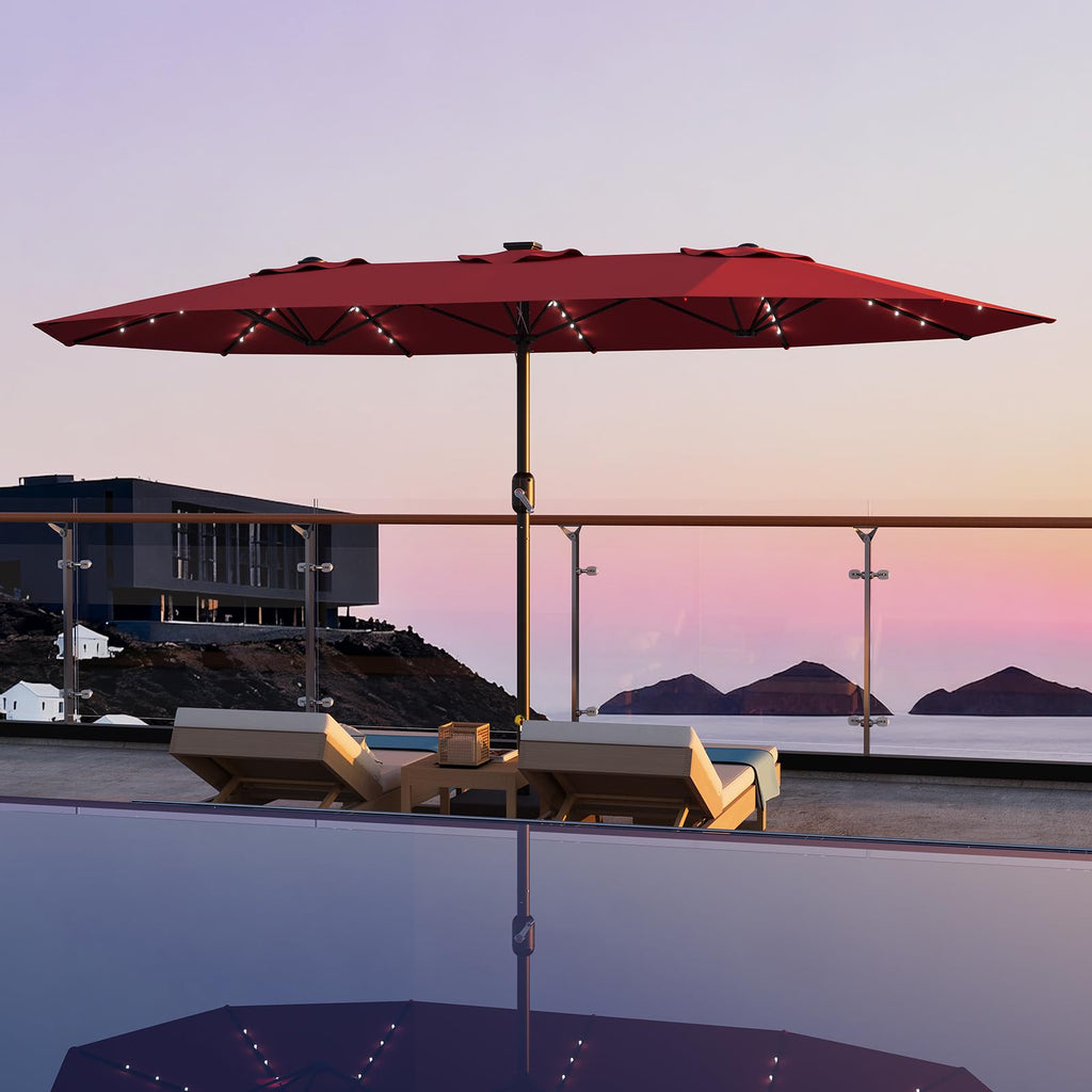 Garvee 15' Rectangular Patio Umbrella with Solar LED Lights & Base, Crank Handle UV-Resistant Outdoor Market Umbrella for Backyard, Pool & Patio, Red