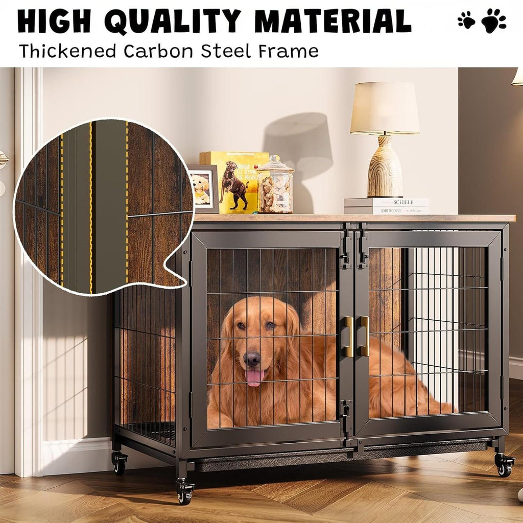 Garvee 37.5" Heavy Duty Dog Crate Furniture with Durable Steel Frame, Removable Tray, Locking Wheels, 300lb Capacity Indoor Kennel for Large Dogs, Multi-Functional Pet Cage & Storage Table