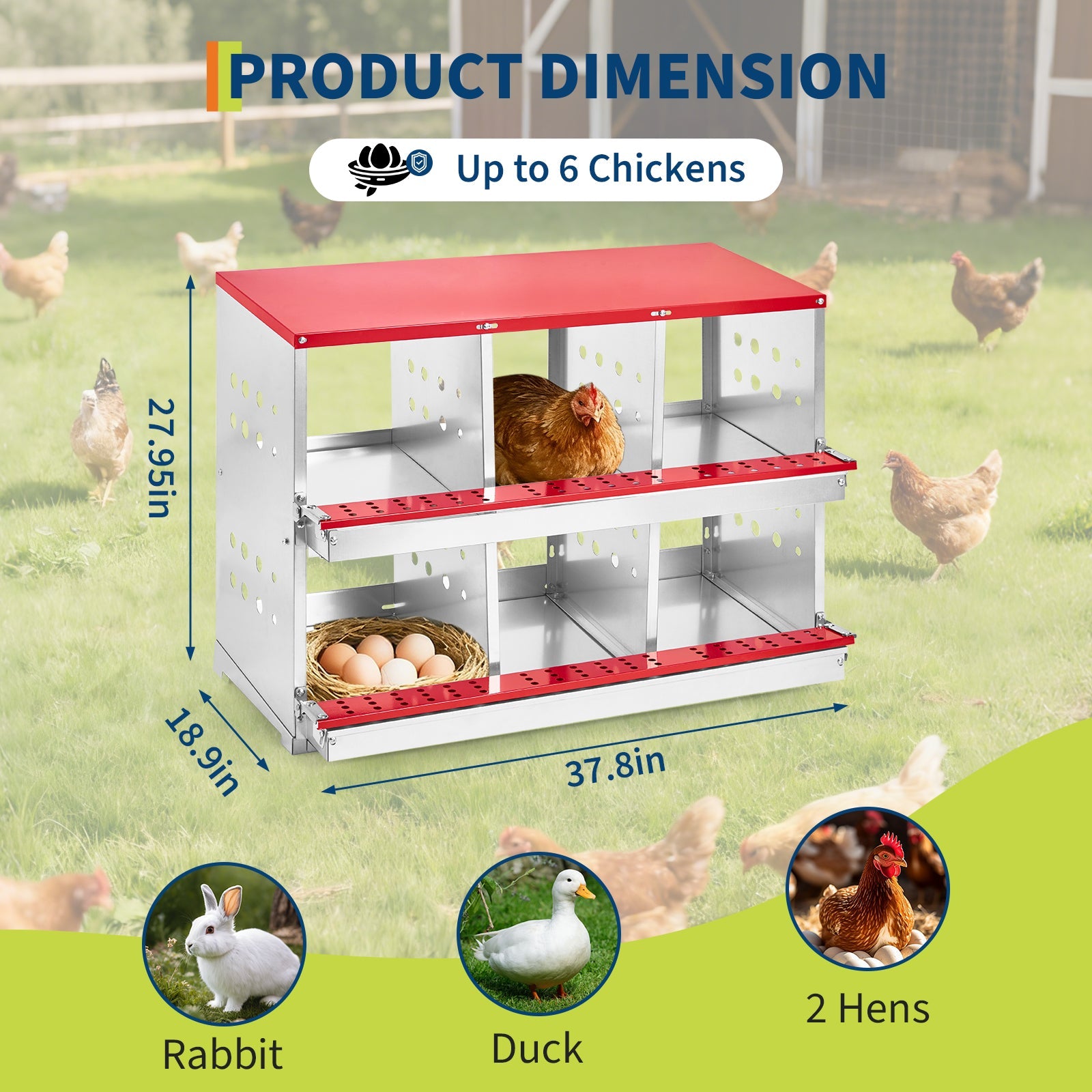 Garvee 6-Compartment Galvanized Steel Chicken Nesting Box – Rollaway Egg Collection, Turn-Over Lid, Red