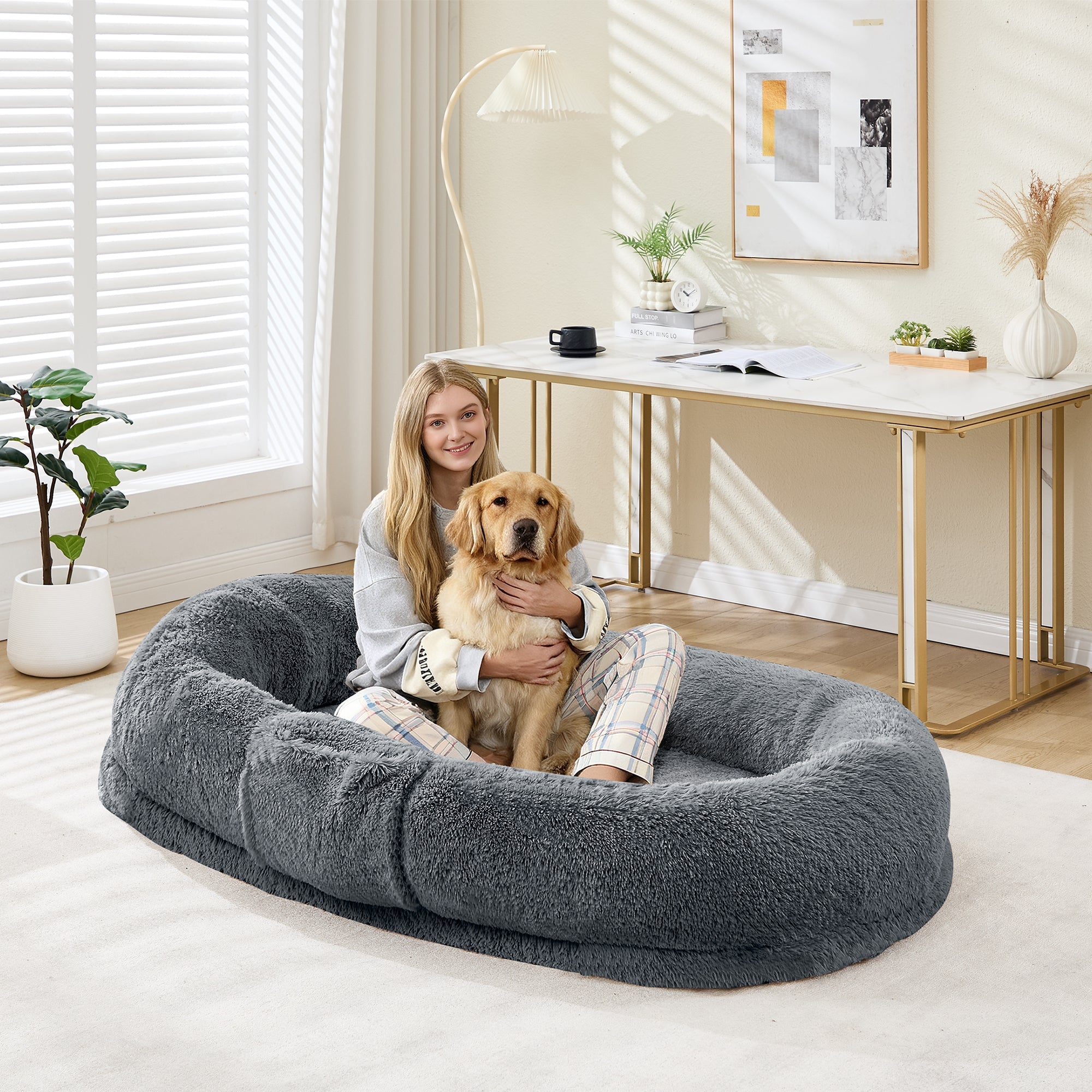 Garvee XL Orthopedic Memory Foam Dog Bed for Adults & Pets – Oversized Bean Bag Lounger, Washable Faux Fur, Side Pocket, Waterproof, No Assembly, Calming Nest for Anxiety Relief – Navy Blue