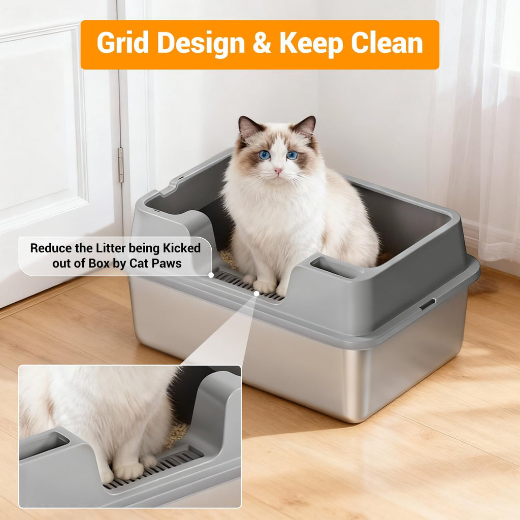 Garvee Large Stainless Steel Cat Litter Box, High Side Litter Box with Non-Stick, Scoop & Odor-Resistant, Metal Cat Pan for Multiple Cats, Rabbits & Small Pets, Easy to Clean, Gray