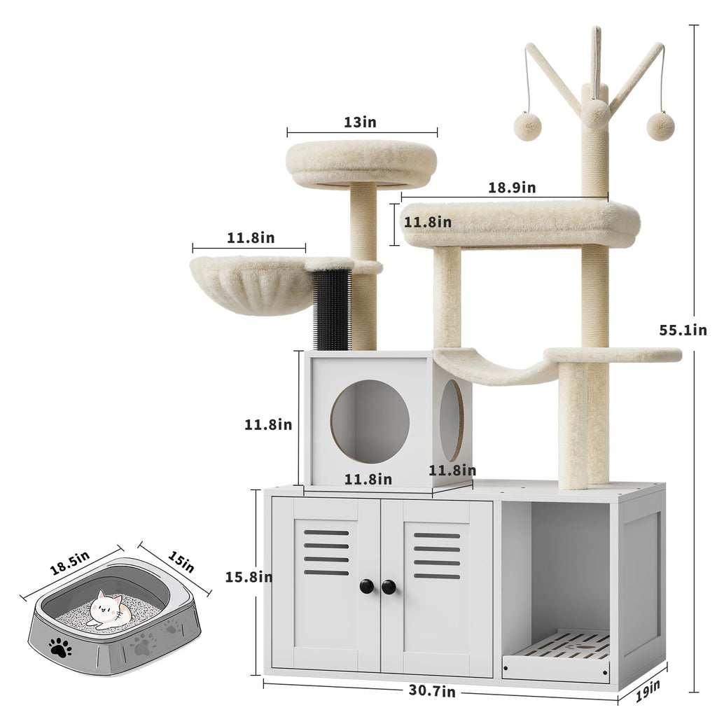 Garvee 55-Inch Litter Box Enclosure with Cat Tree, 2-in-1 Modern Large Cat Tower for Indoor Cats with Condo/Hammock/Scratching Post/Plush Perch/Caves, Wooden Hidden Litter Box Furniture, White