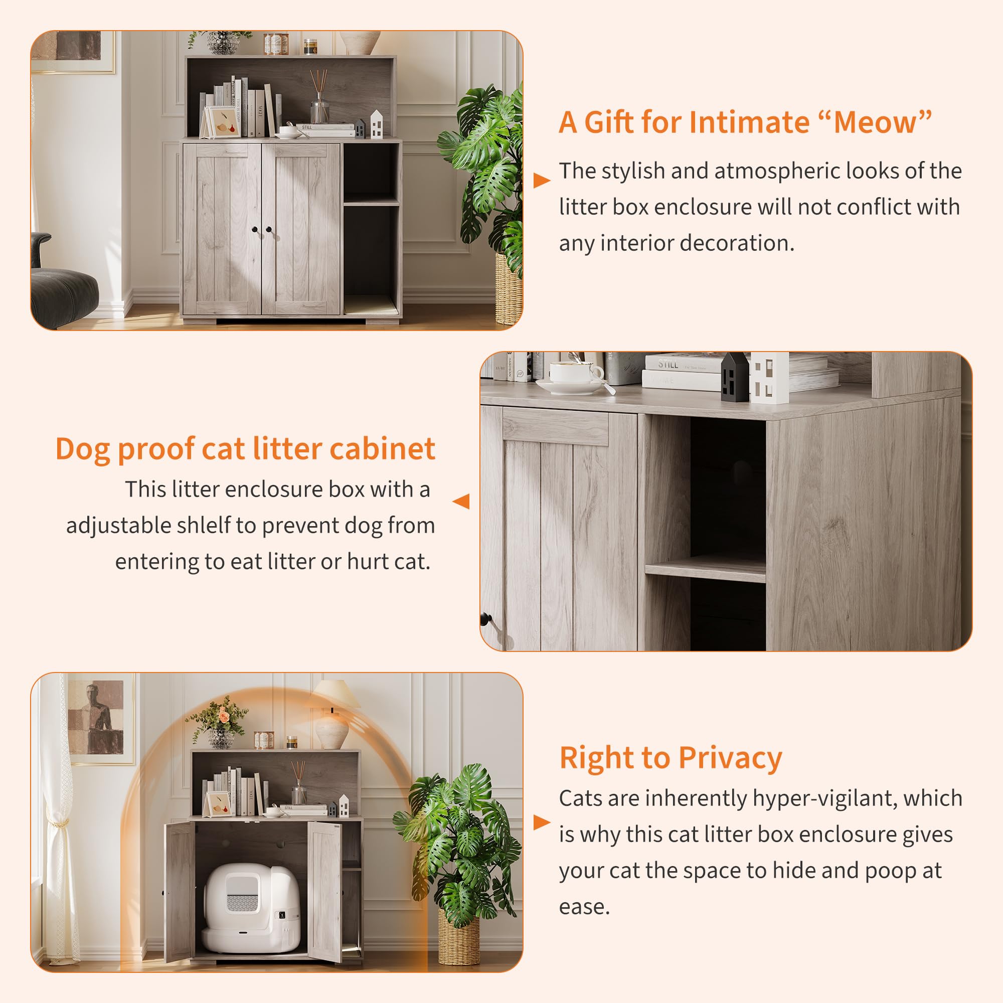 Garvee Dog-Proof Large Cat Litter Box Enclosure with Scratch Pad, Large Automatic Litter Box Furniture for Placing Self-Cleaning Litter Box,Litter Cabinet with Outlet ,Space for Cat Stuffs