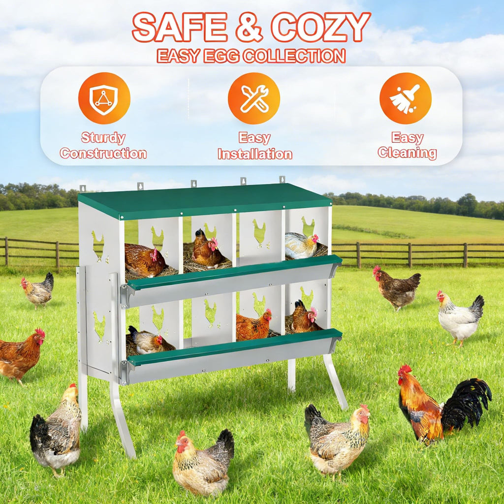 Garvee 8-Compartment Metal Poultry Nesting Box with Legs – Roll Away Egg Collection, Soft Nest Pads, Fake Eggs, Swing Perch, Lid Cover – Galvanized Steel Hen Laying Box for Coop, Barn, Farm – Wall Mount or Freestanding, 8-compartment bracketed model