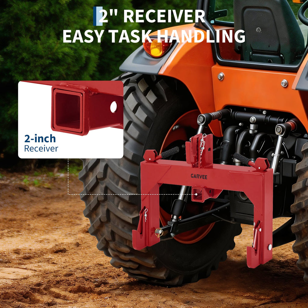 Garvee Heavy-Duty 3-Point Quick Hitch Adapter with 2" Receiver – Reinforced Rib – 3000 lbs Lift – No Bushing Needed – 5-Level Adjustable Bolt – Category 1 Tractor Attachment – Durable Metal – Red Powder Coated Finish