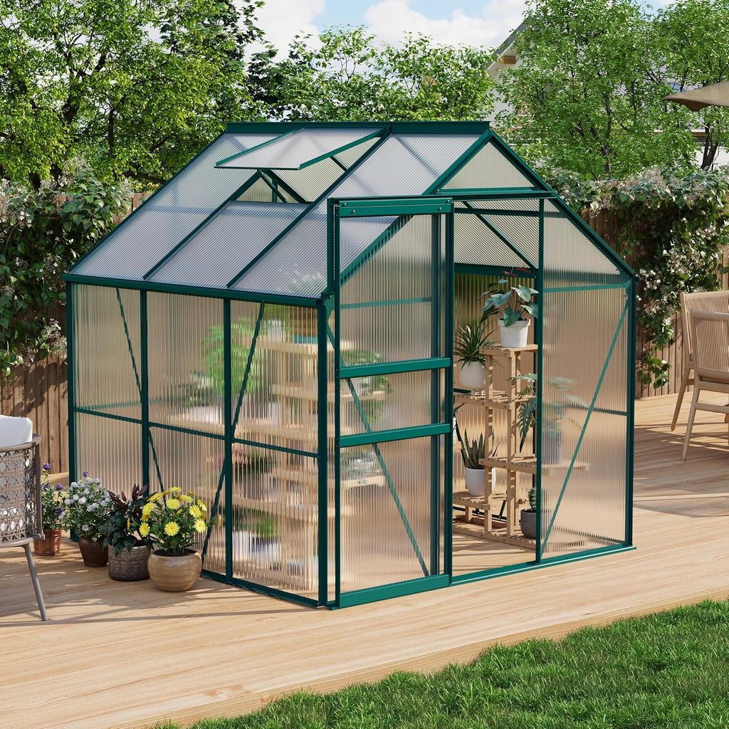 Garvee 6x6 FT Green Heavy Duty Polycarbonate Greenhouse – Aluminum Frame, Lockable Sliding Door, Adjustable Roof Vent, Rain Gutter, All-Weather Walk-In Design, Easy Setup for Backyard, Patio