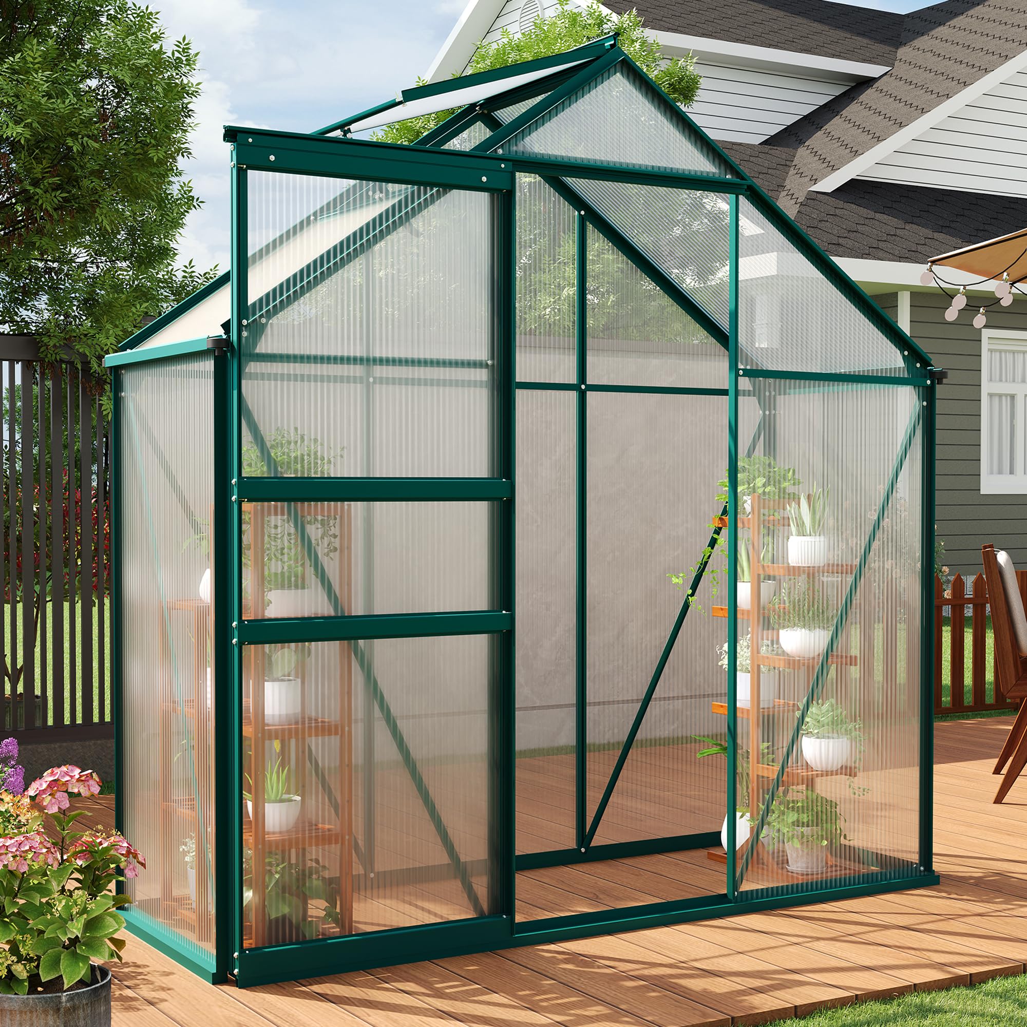 Garvee 6 × 3 FT Polycarbonate Greenhouse, 4 mm Double-Wall Panels, 99% UV Protection, Aluminum Walk-In Greenhouse with Roof Vent, Sliding Door and Rain Gutters, Green