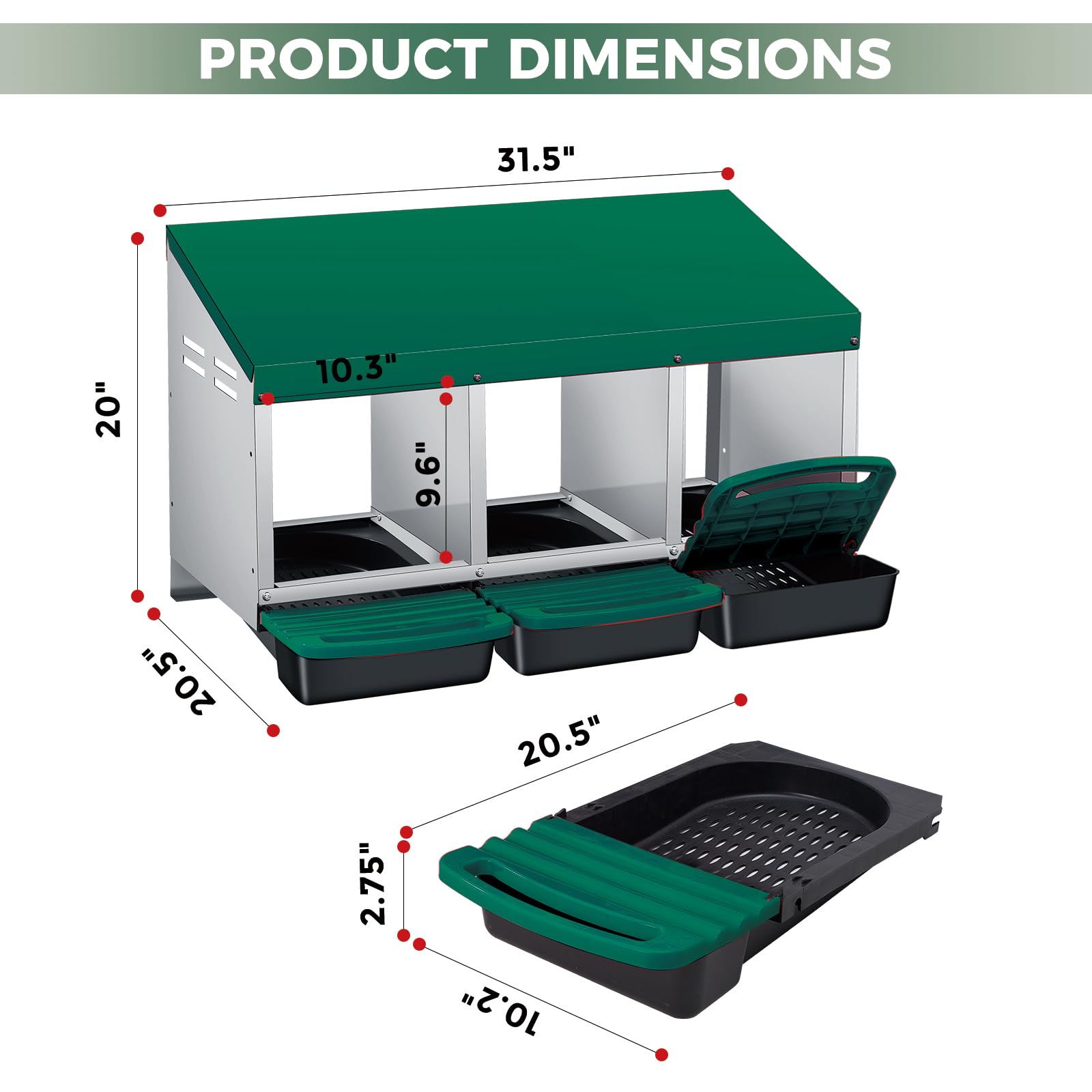 Garvee 3-Compartment Galvanized Steel Chicken Nesting Box – Roll-Away Tray & Support Stand, Green