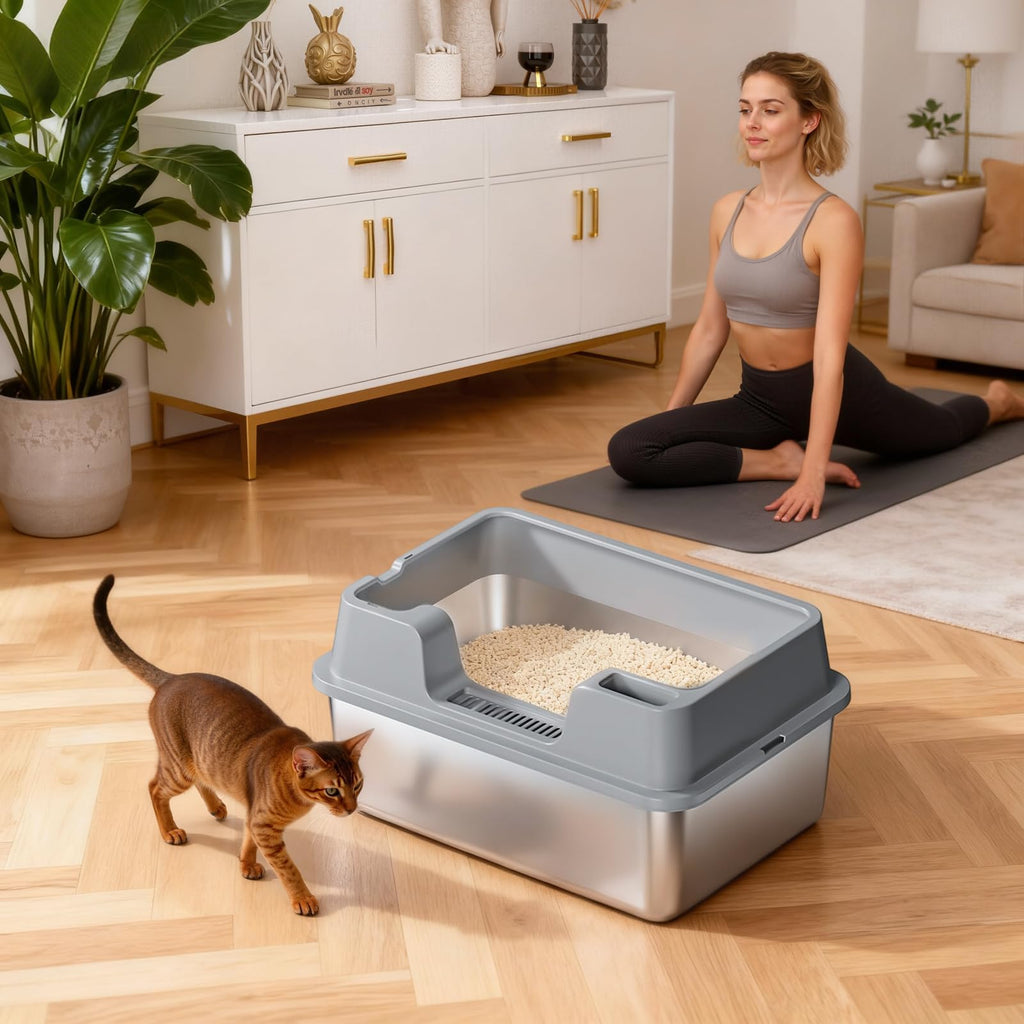 Garvee Large Stainless Steel Cat Litter Box, High Side Litter Box with Non-Stick, Scoop & Odor-Resistant, Metal Cat Pan for Multiple Cats, Rabbits & Small Pets, Easy to Clean, Gray