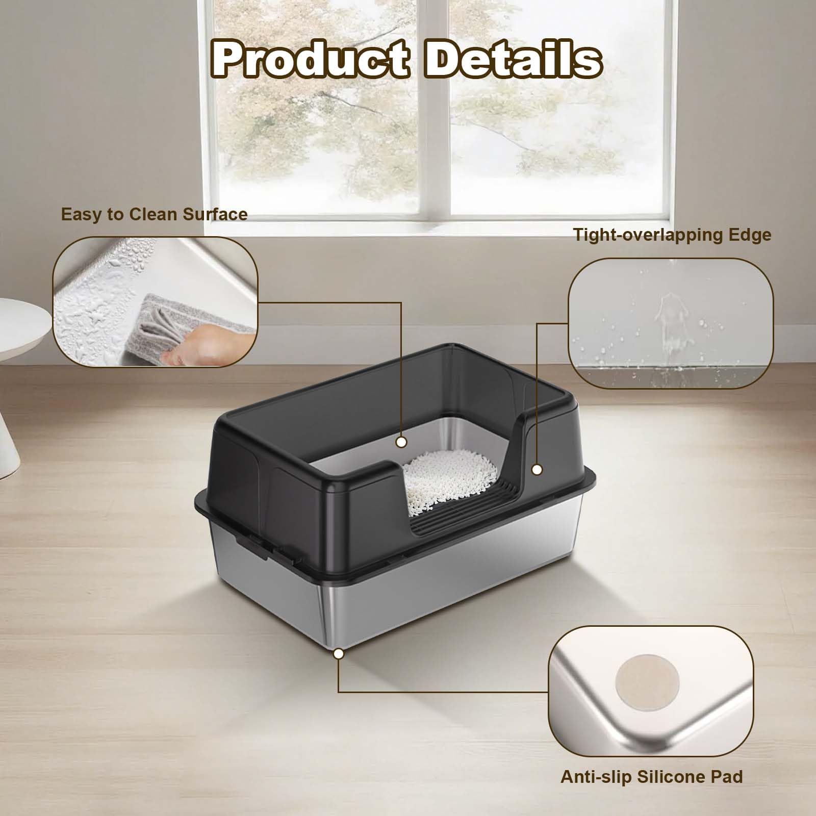 Garvee Stainless Steel Litter Box with Lid, High Side Metal Litter Boxes for Big Cats, Extra Large Litter Pan Tray, Easy Clean, Odor Control Cat Toilet with Scoops, Black