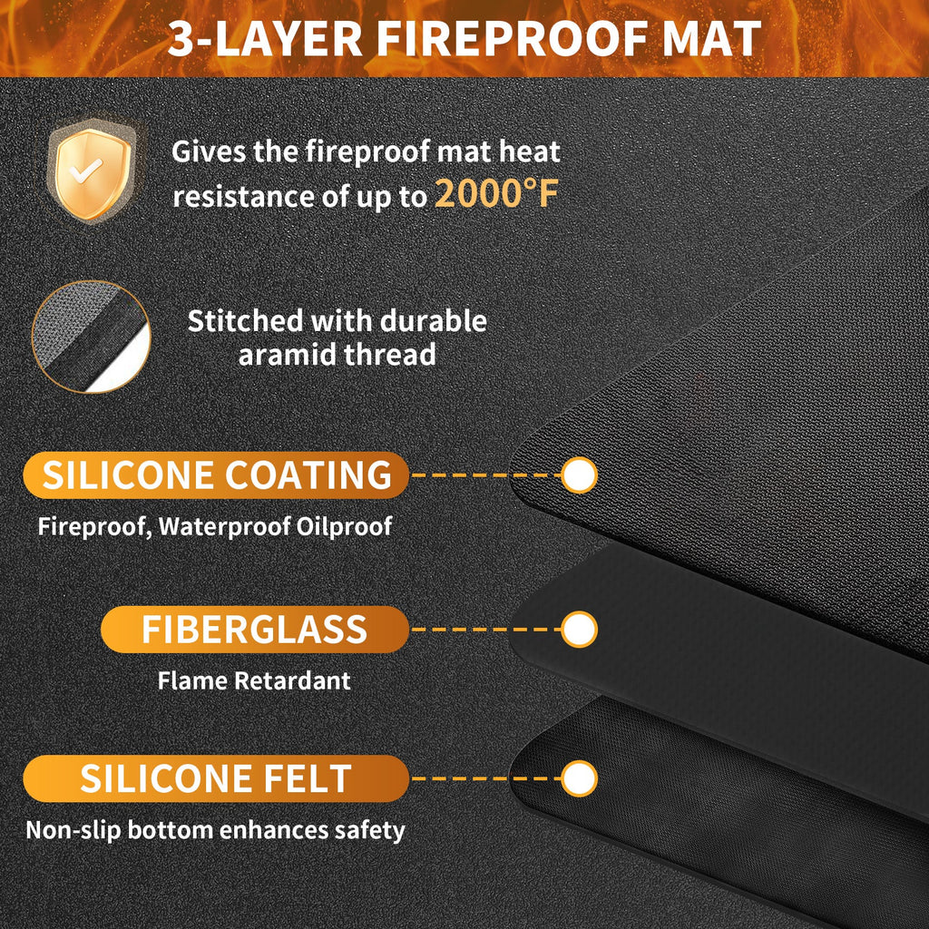 Garvee Double-Sided Fireproof Grill Mat - Heavy Duty Waterproof & Oil-Proof Deck Protector for Outdoor BBQ, Fire Pit, Patio & Fireplace - Durable Floor Mat, Black, 76 x 48 inch