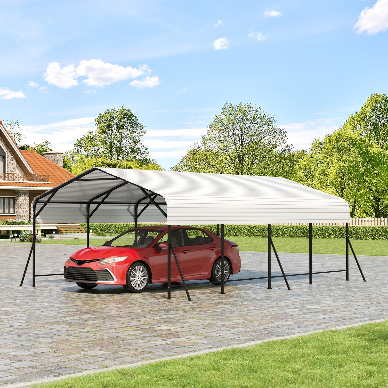 Garvee 20x20x9FT Heavy Duty Metal Carport with Galvanized Steel Roof, Oversized Outdoor Garage Shelter with Steel Frame, Waterproof & UV-Resistant Carport for Cars, Boats, Trucks & Tractors, White