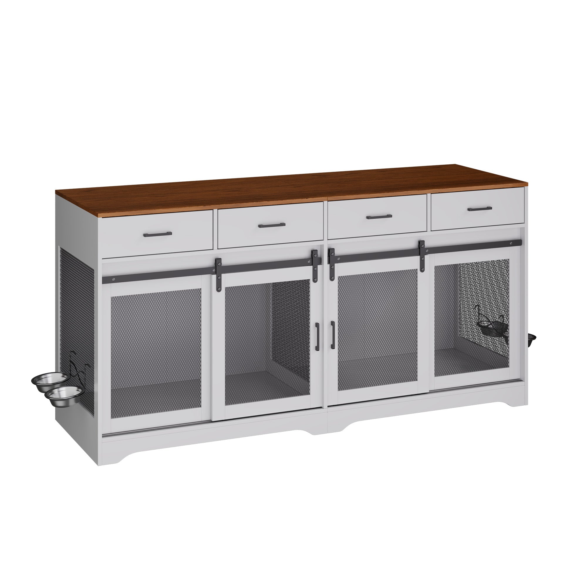 Garvee Multi-Functional Dog Crate Furniture for Medium/Large Dogs – 71'' Indoor Kennel Cage with 4 Sliding Doors, 4 Drawers & Feeding Bowls – Furniture-Style, Walnut & White – US Spec, Color: Walnut+White